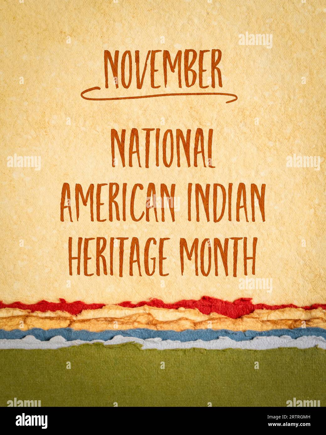 November - National American Indian Heritage Month, Handschrift auf Kunstpapier, Erinnerung an historisches und kulturelles Ereignis Stockfoto