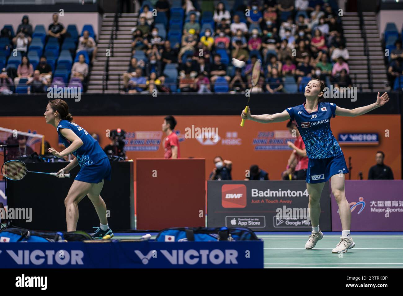 Hongkong, China. September 2023. Nami Matsuyama, Chiharu Shida aus Japan, spielt während des Achtelfinale der Frauen gegen Maiken Fruergaard, Sara Thygesen aus Dänemark am dritten Tag der VICTOR Hong Kong Open Badminton Championships 2023 im Hong Kong Coliseum. Endstand; Dänemark 2:1 Japan. (Foto: Ben Lau/SOPA Images/SIPA USA) Credit: SIPA USA/Alamy Live News Stockfoto