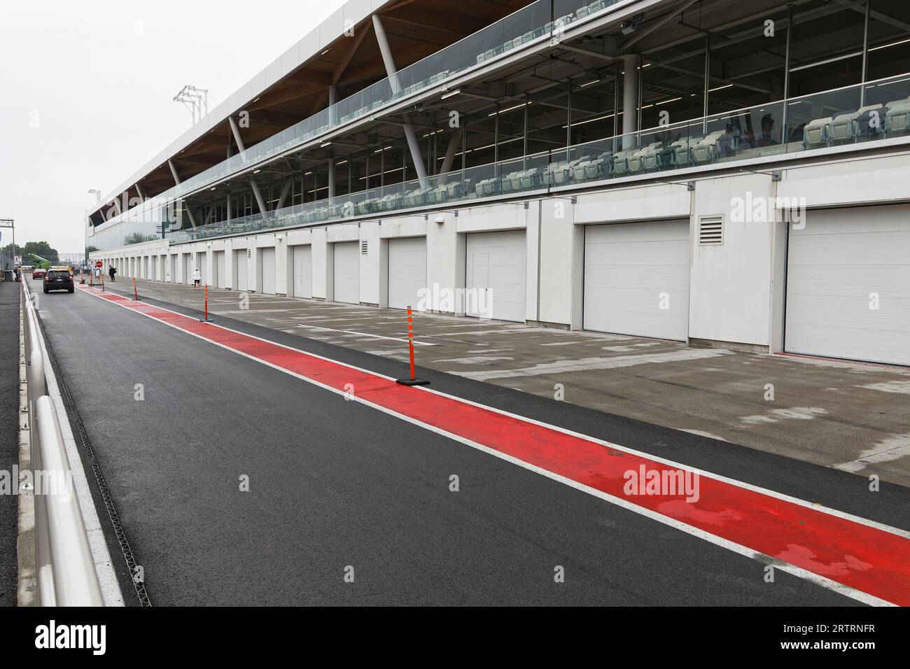 F1 Rennplatz, Paddock, Garagen in der Pitlane, Montreal, Provinz Quebec, Kanada Stockfoto