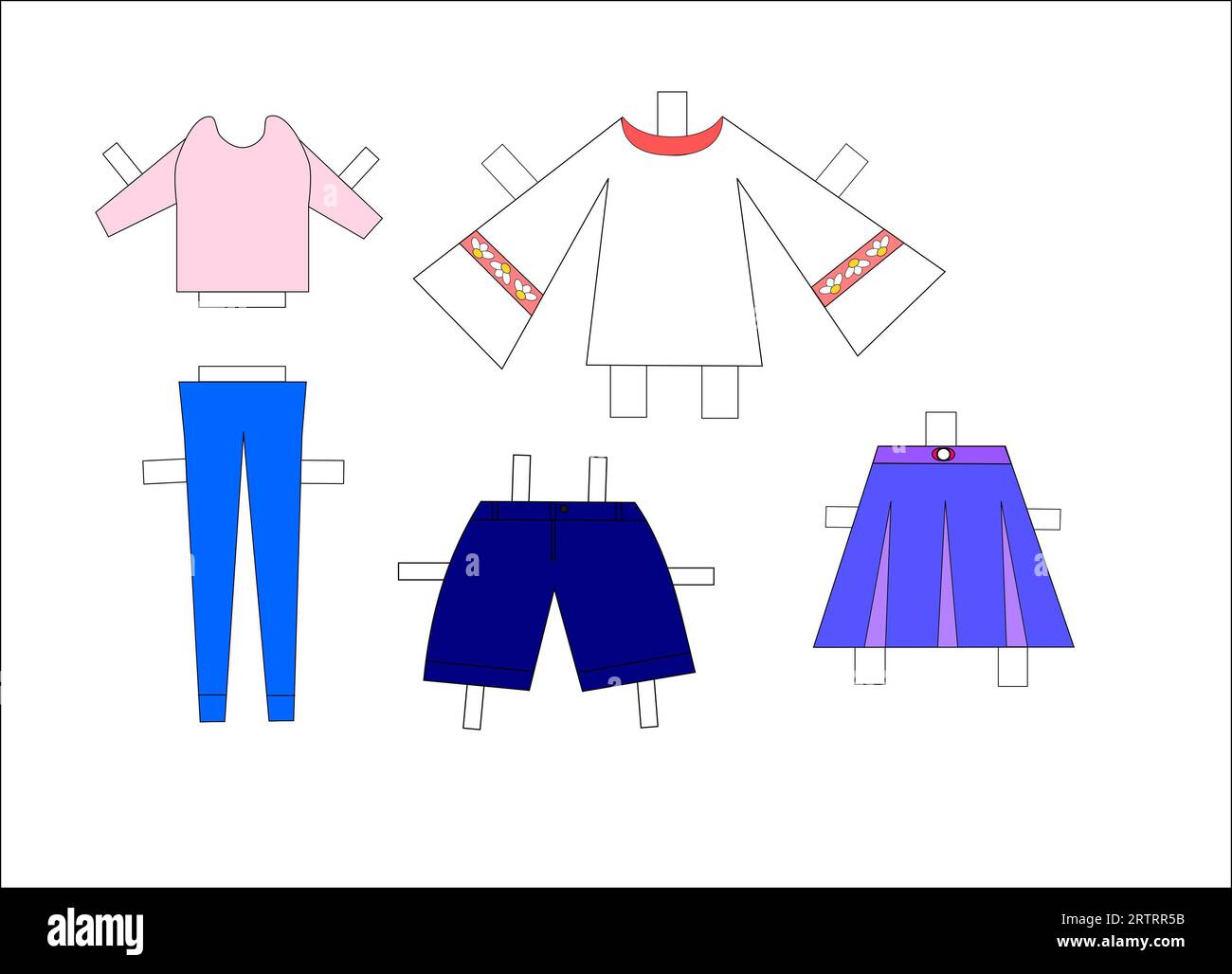 Puppenkleidung, Pullover, Jeans, Shorts, Bluse, Rock zum Ausschneiden, Illustration, weißer Hintergrund Stockfoto