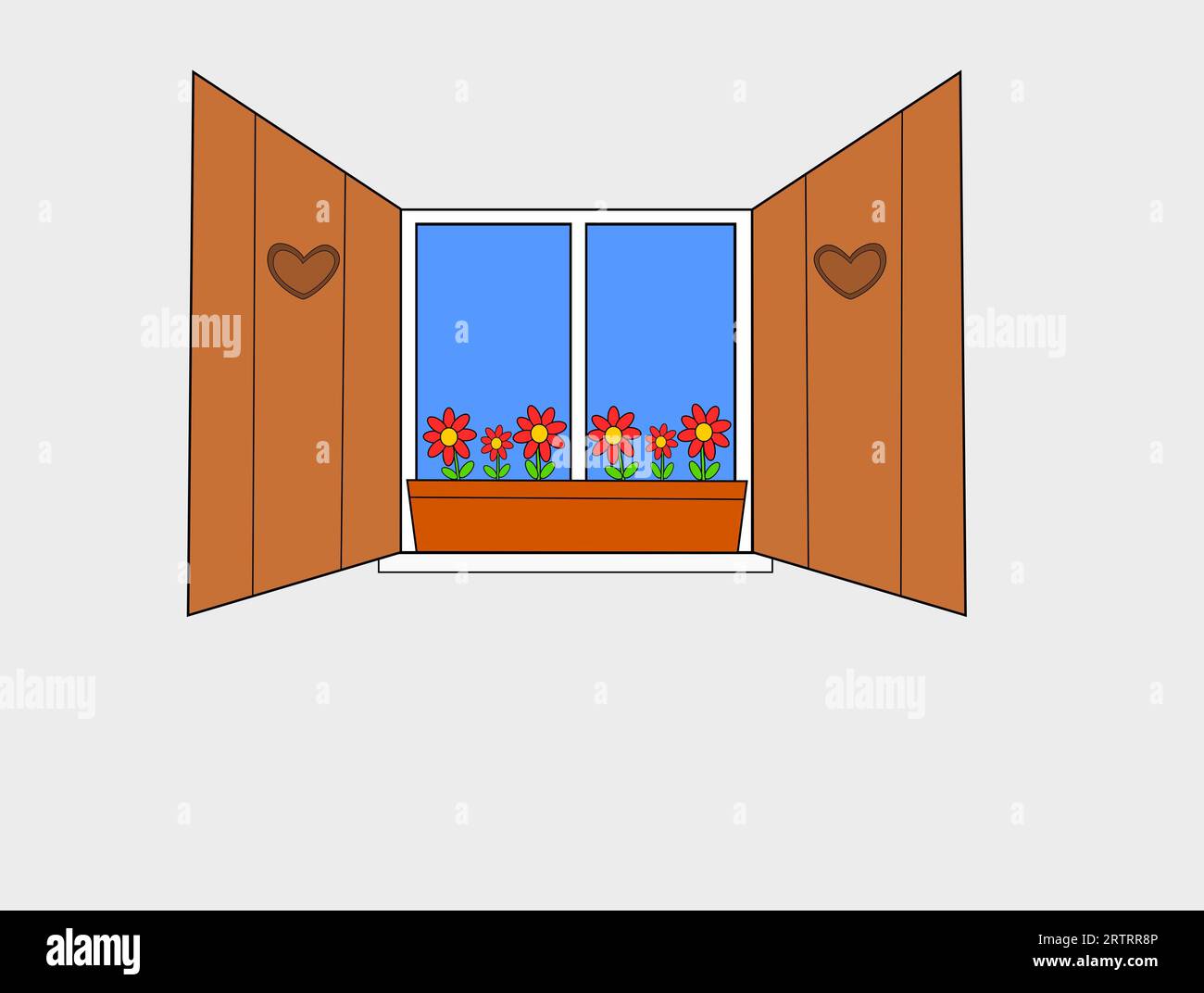 Offene Rollläden, Fenster mit Blumenbank, hellgrauer Hintergrund Stockfoto