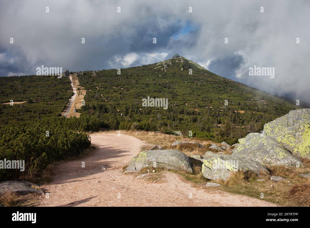 Wanderweg an der Grenze zwischen Polen und Tschechien im Karkonosze-Gebirge zum Szrenica-Berg Stockfoto