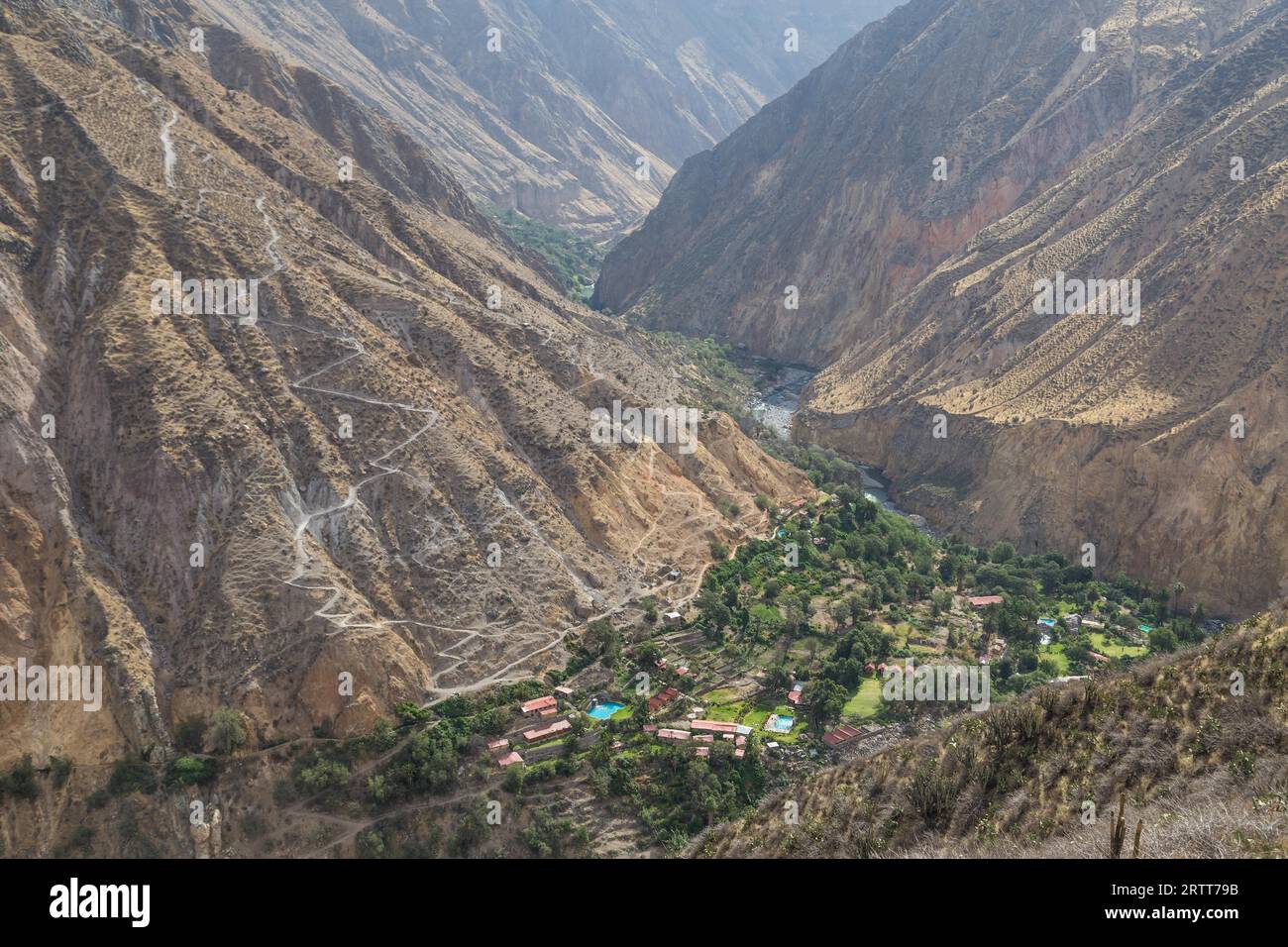 Sangalle, Peru, 17. Oktober 2015: Blick auf die Oase Sangalle im Colca Canyon Stockfoto