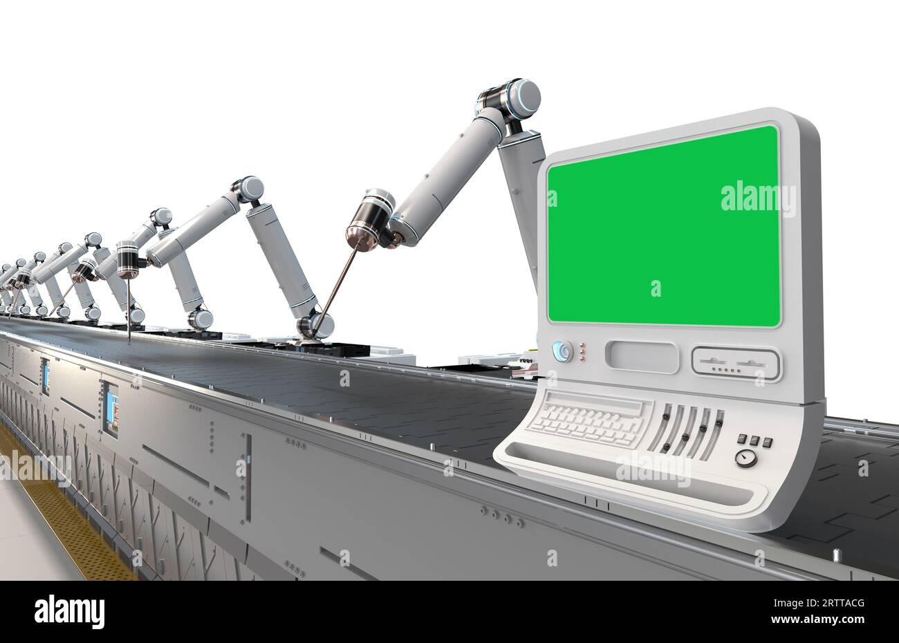 Automationswerkkonzept mit 3D-Rendering leerer Bildschirmanzeige und Roboterarmen Stockfoto