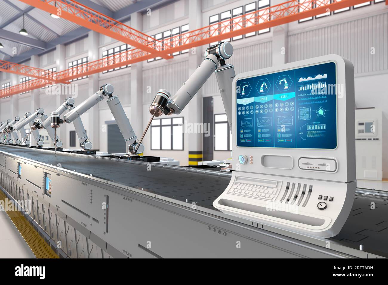 Automation factory Konzept mit 3D-rendering Control Panel mit Roboterarmen Stockfoto