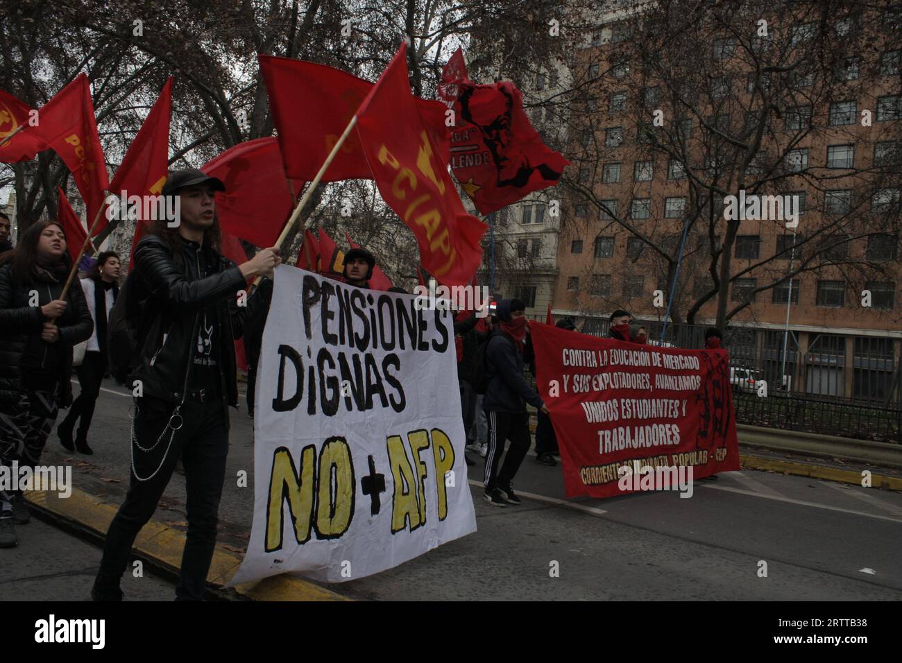 Protest in Santiago de Chile gegen das gegenwärtige Rentensystem Stockfoto