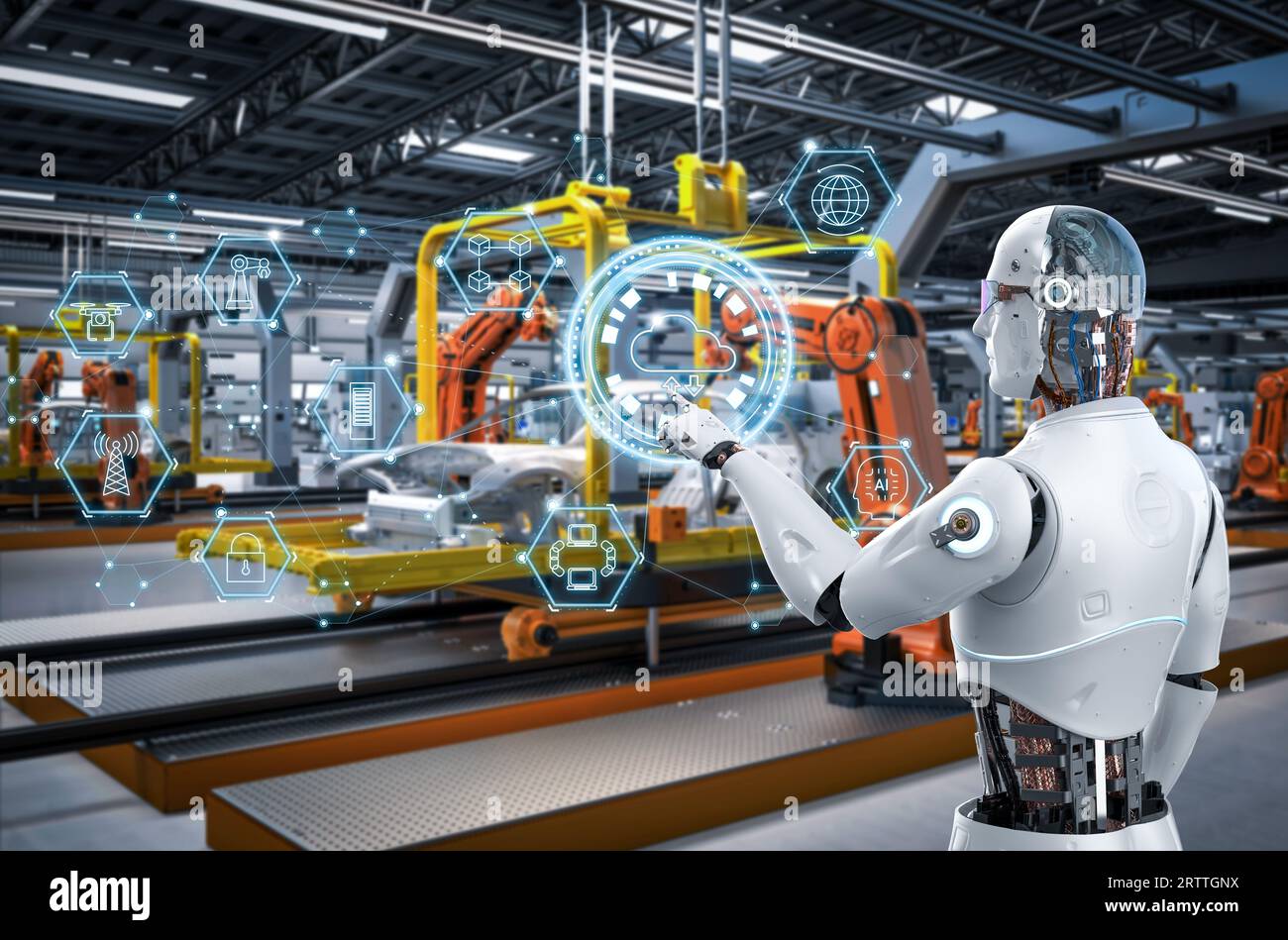 Automatisierung Automobilfabrik Konzept mit 3D Rendering Roboter Montagelinie in der Automobilfabrik Stockfoto