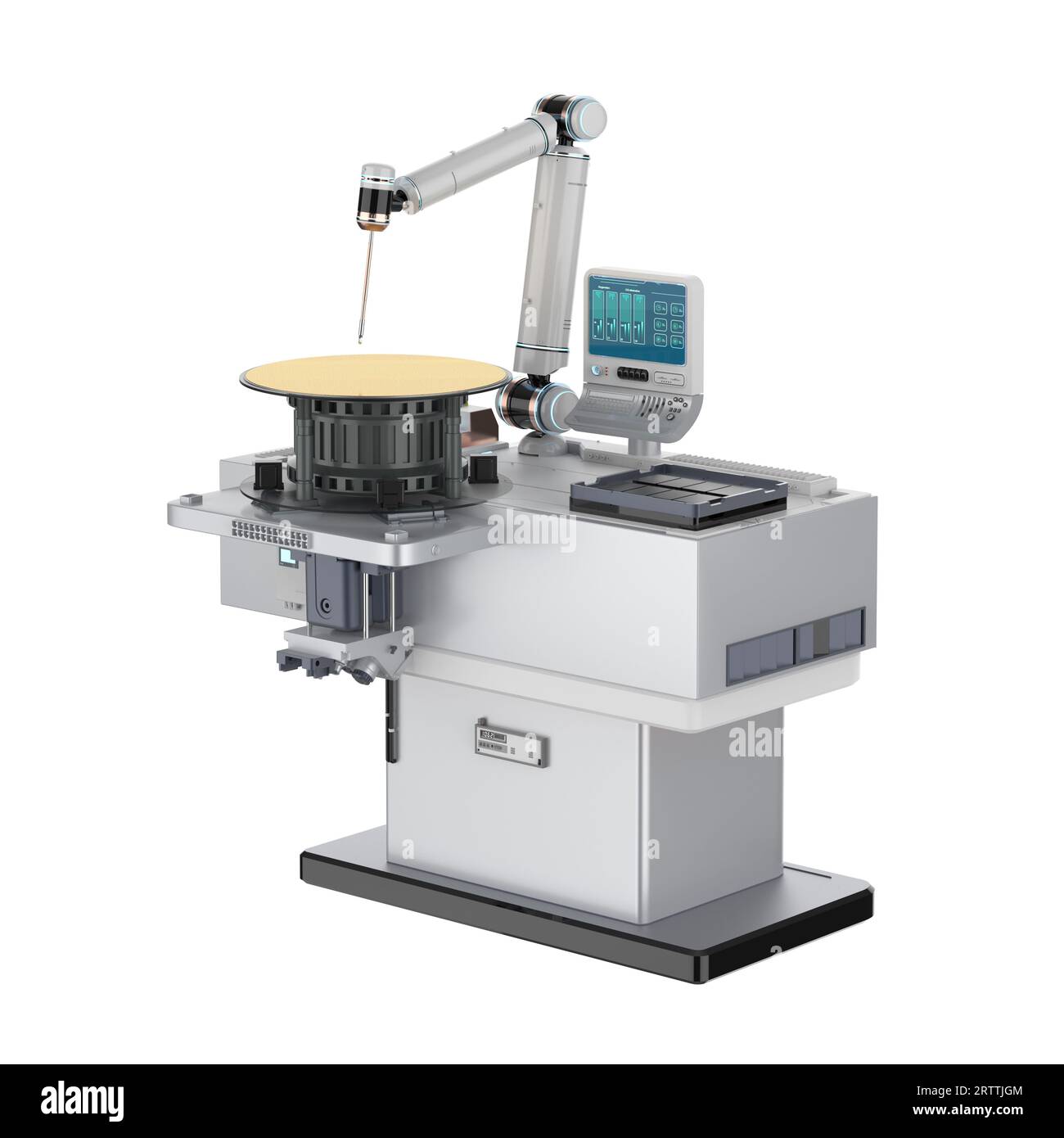 Halbleiterfertigung mit 3D-Rendering-Roboterarmen mit Silizium-Wafern, isoliert auf weiß Stockfoto