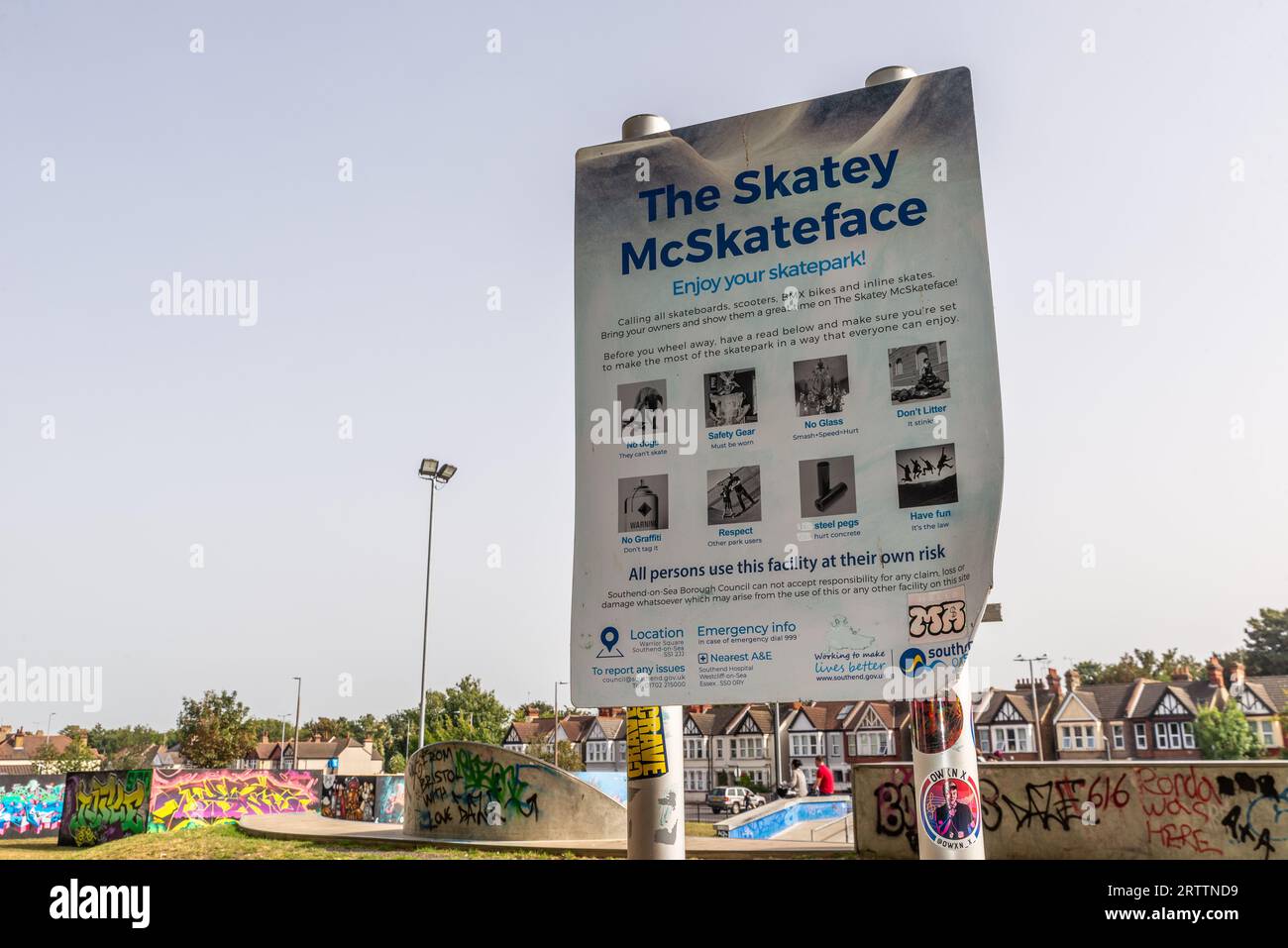 Der Skatey McSkateface Skatepark in Warrior Square, Southend on Sea, Essex, Großbritannien. Benannt nach dem öffentlichen Wahlsystem, eröffnet im Juli 2019, gebaut von Maverick Stockfoto