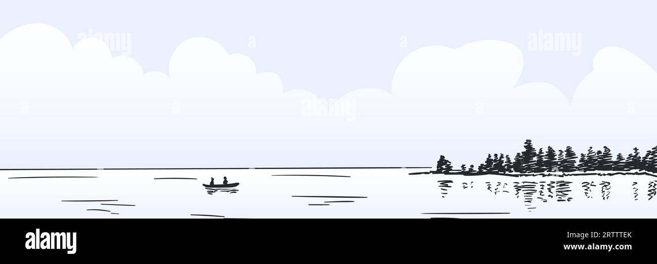 Einsames Boot mit zwei Personen auf ruhiger Seewasseroberfläche, neblige Morgeninsel am Horizont, Vektorskizze, handgezeichnete Illustration, langes Webbanner Stock Vektor