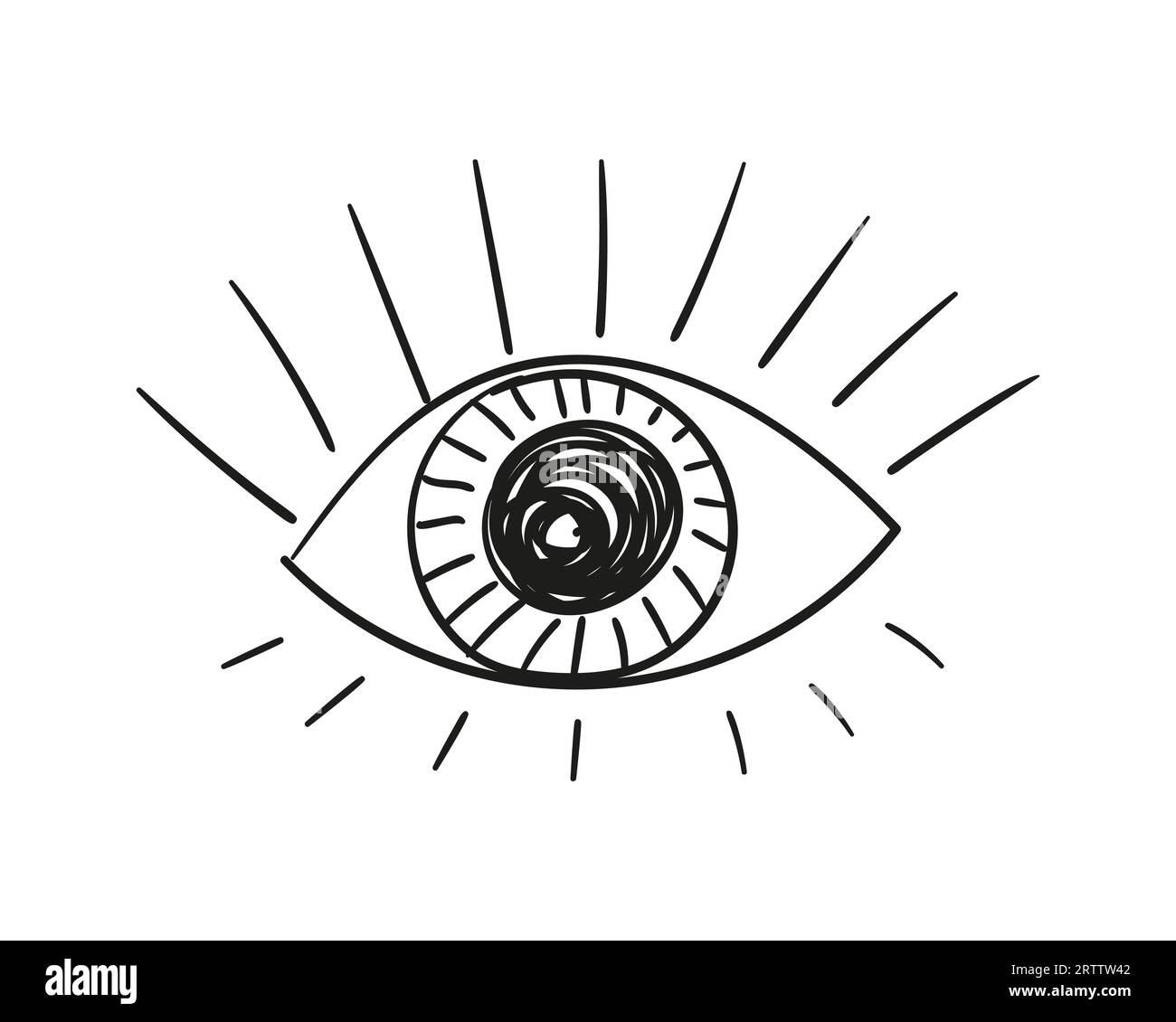 Augenkritzel isoliert, primitive Skizze eines einzelnen offenen Auges gerade mit großer Pupille und langen Wimpern, Vektor Hand gezeichnet Illustration, dritte e Stock Vektor