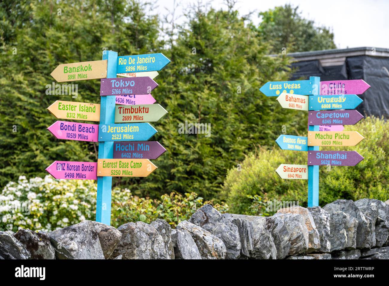 Bunte Schilder in Luss Schottland zeigen die Richtung zu verschiedenen Ländern der Welt und wie weit entfernt von Meilen Stockfoto