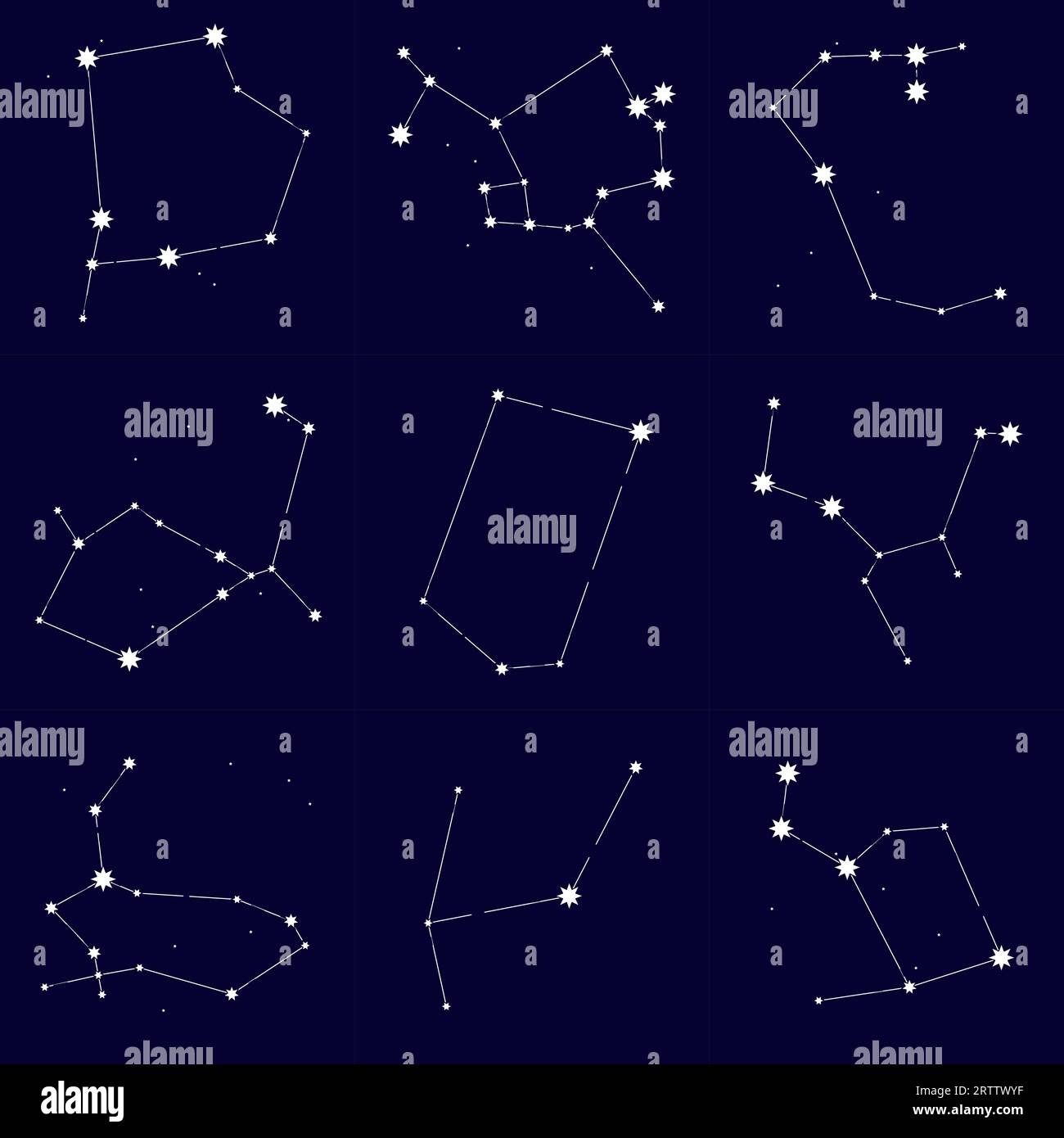 Sammlung von Feenkonstellationen gegen den Nachthimmel. Anhäufung und Assoziation von Sternen zu astrologischen Zeichen und Symbolen. Astrologischer Hintergrund. Stock Vektor