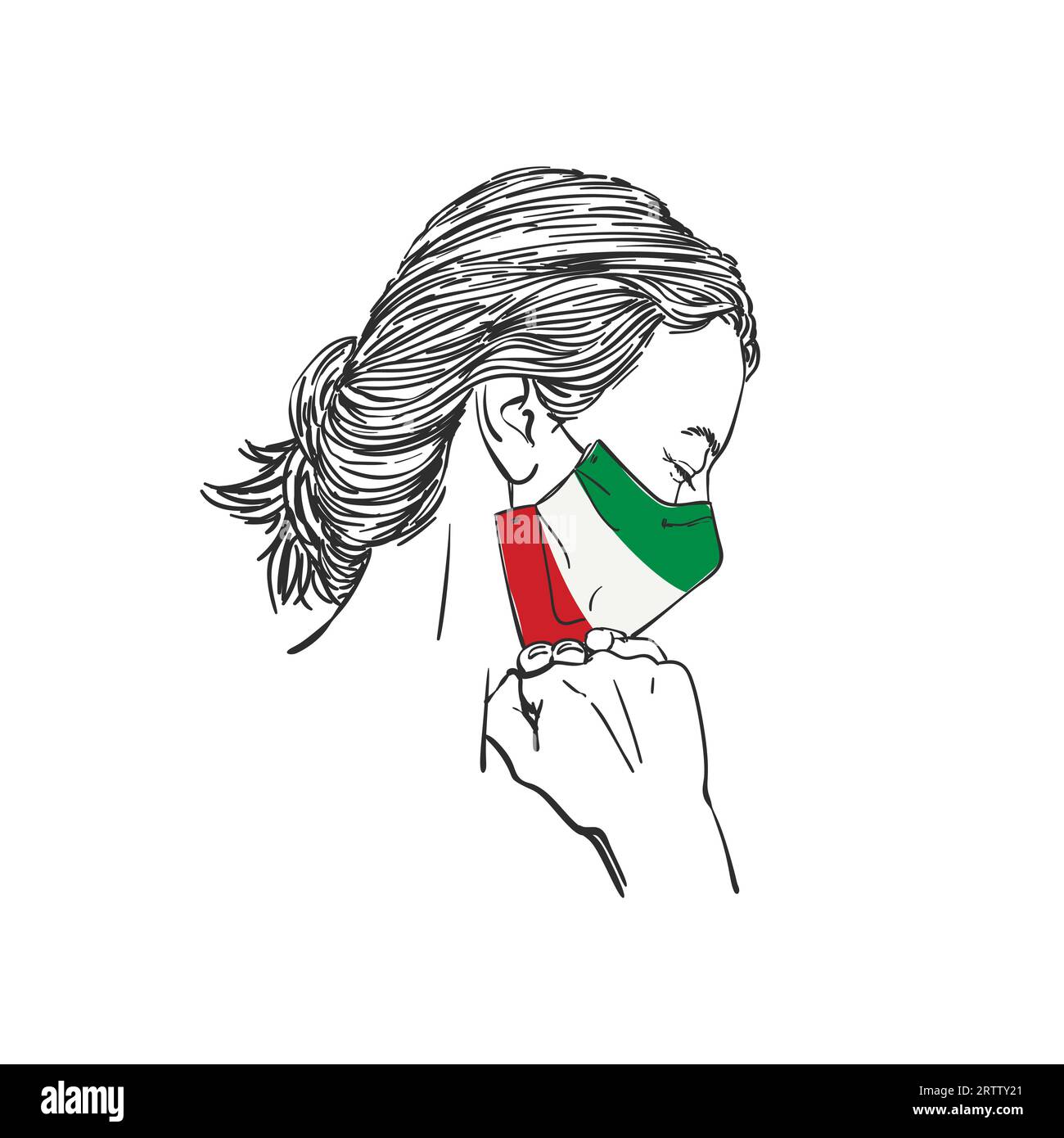 Coronavirus Ausbruch in Italien, Frau betend für Italien in der italienischen Flagge Farbe medizinische Maske mit Fäusten unter dem Kinn, Augen geschlossen in der Hoffnung, Hand gezeichnet illus Stock Vektor