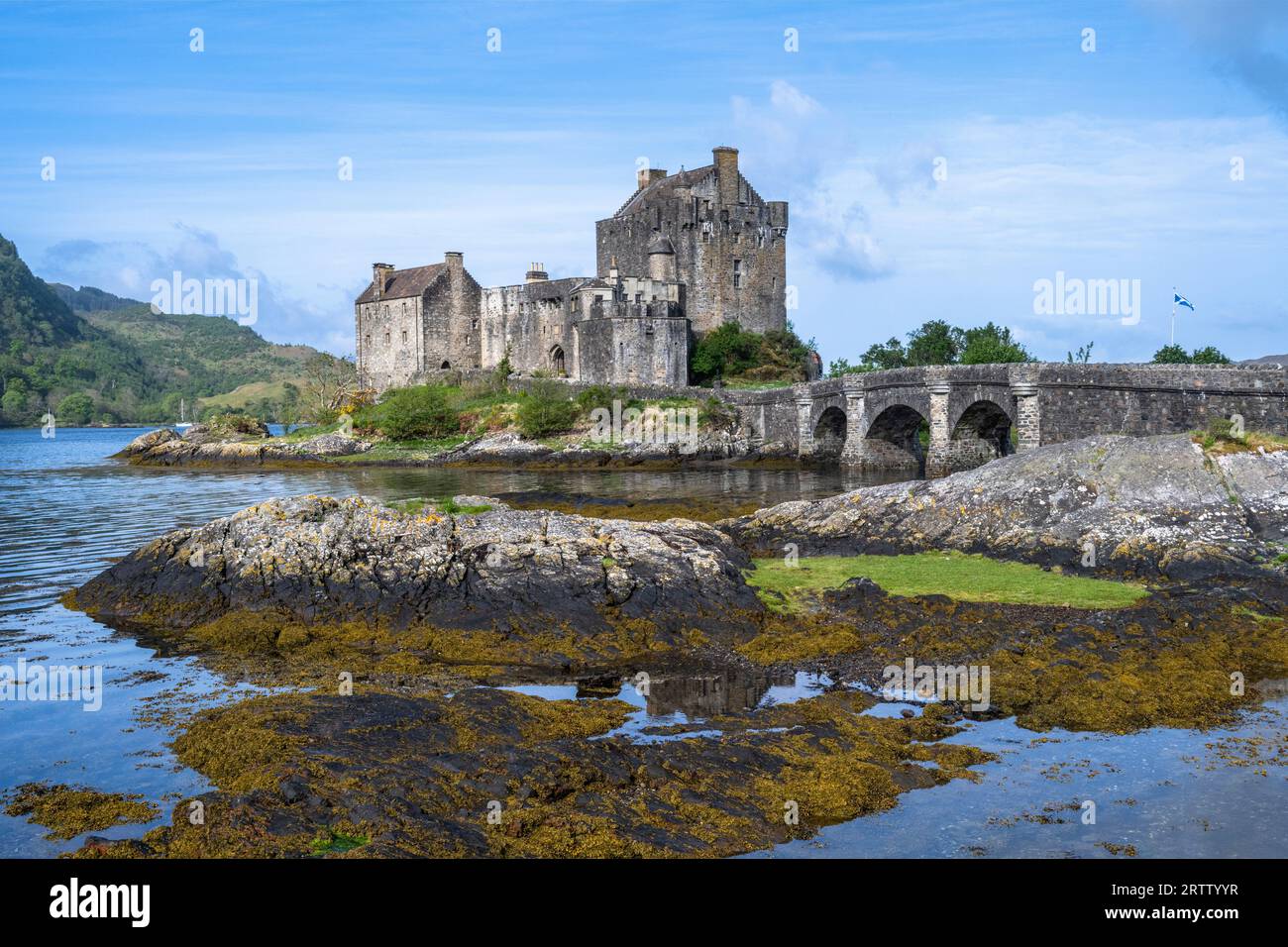 Eilean Donan Castle in den schottischen Highlands bei Dornie, umgeben von drei Seerochs Stockfoto