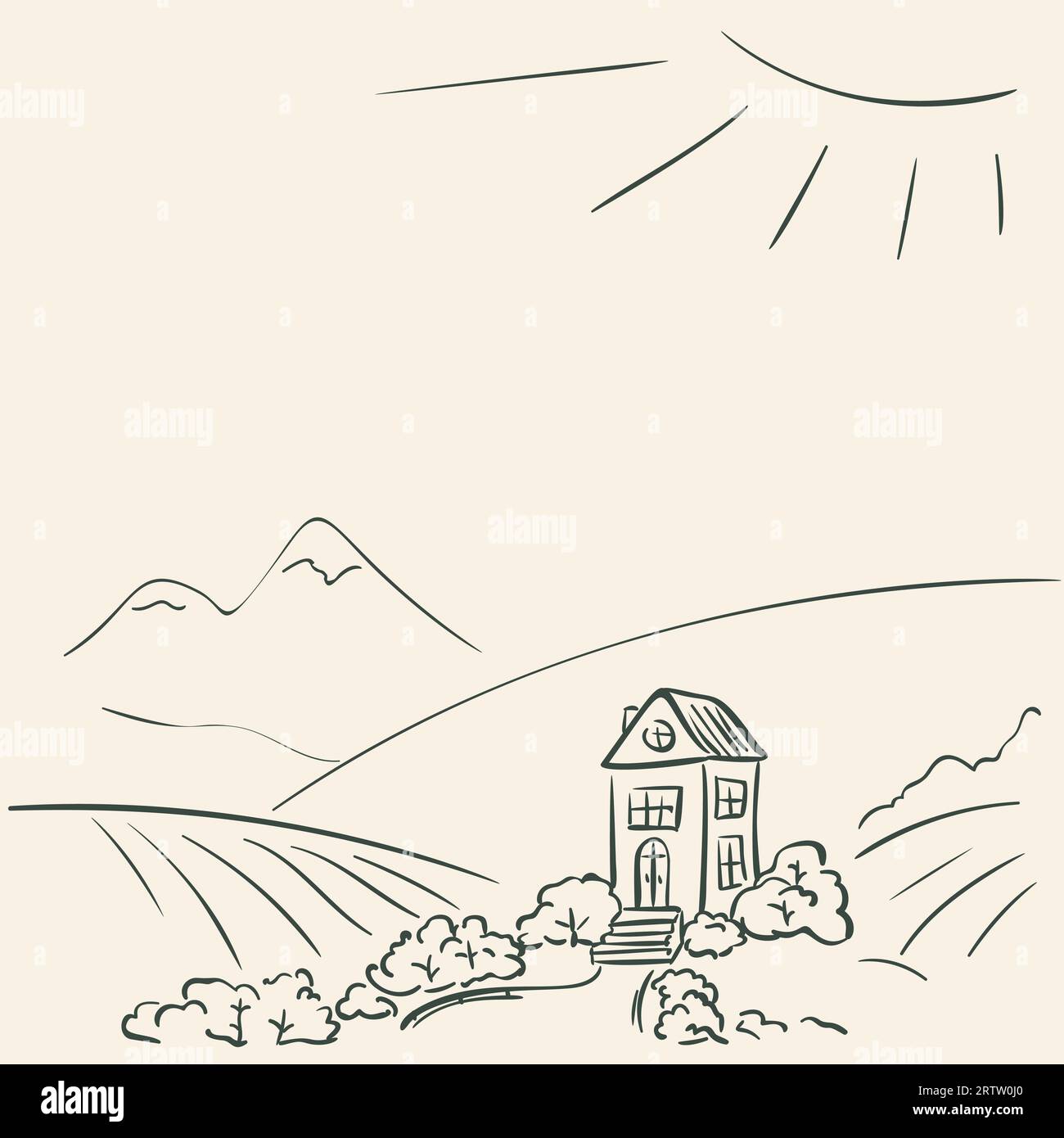 Idyllische ländliche Landschaft Doodle. Abgeschiedenes gemütliches Haus steht zwischen den Hügeln mit Bergen in der Ferne an sonnigen Tagen, Vektor Illustration Simple dra Stock Vektor