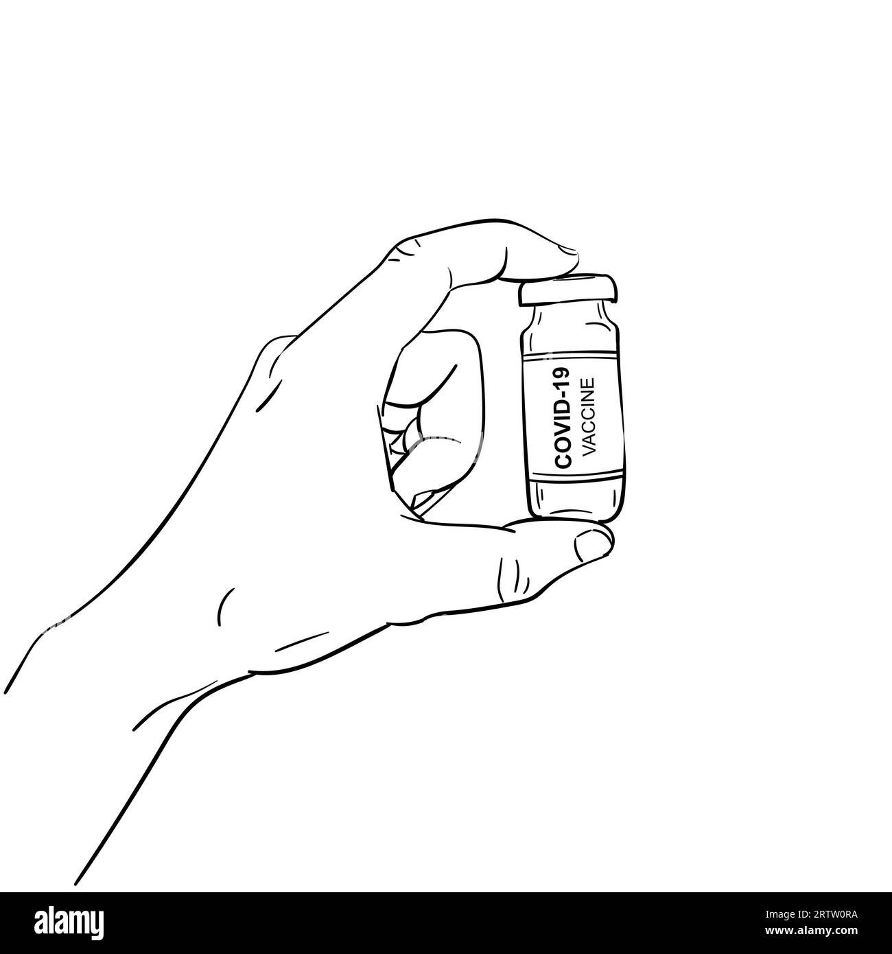 COVID-19-Impfröhrchen in der Hand. Prävention, Immunisierung und Behandlung nach Coronavirus-Konzept. Vektorskizze, handgezeichnete Illustration Stock Vektor