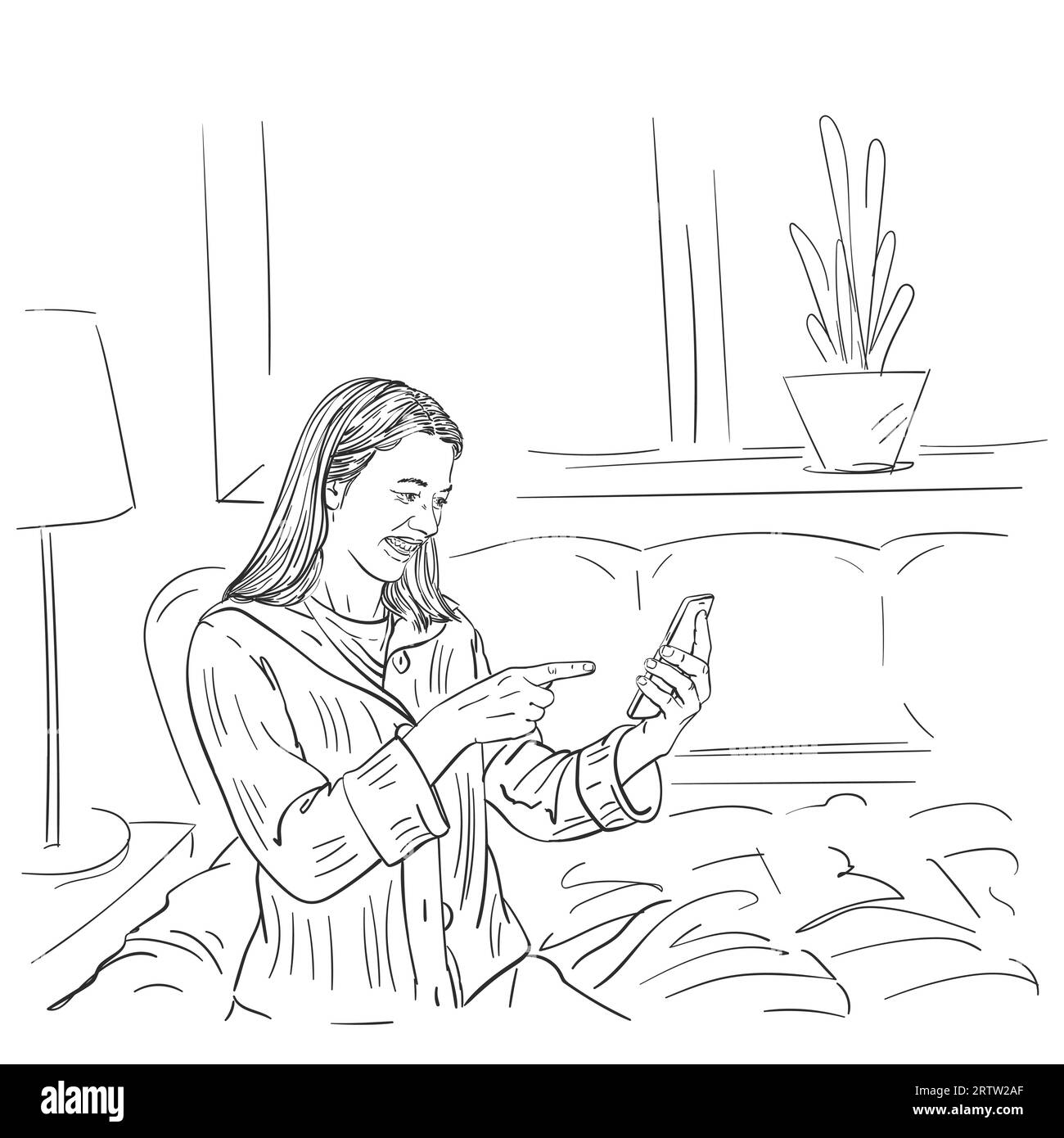 Hübsche Frau mit langen Haaren, die auf dem Smartphone spricht, lachend und auf den Bildschirm zeigend, in komfortabler, entspannender Atmosphäre zu Hause sitzt, sich selbst isoliert, Stock Vektor