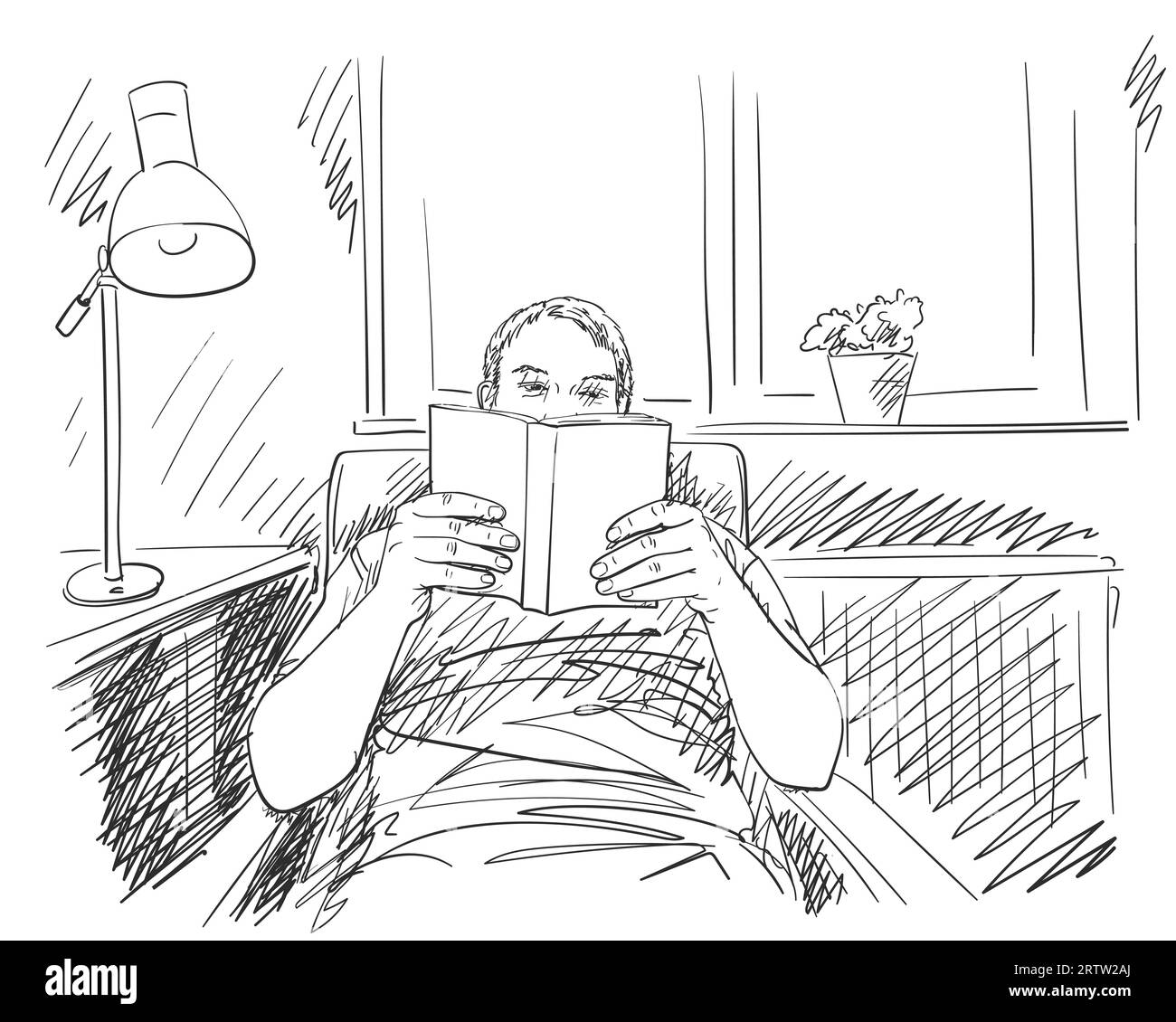 Skizze des Mannes, der Buch in komfortabler, entspannender Atmosphäre zu Hause liest, handgezeichnete Vektorillustration mit geschlüpften Tönen Stock Vektor