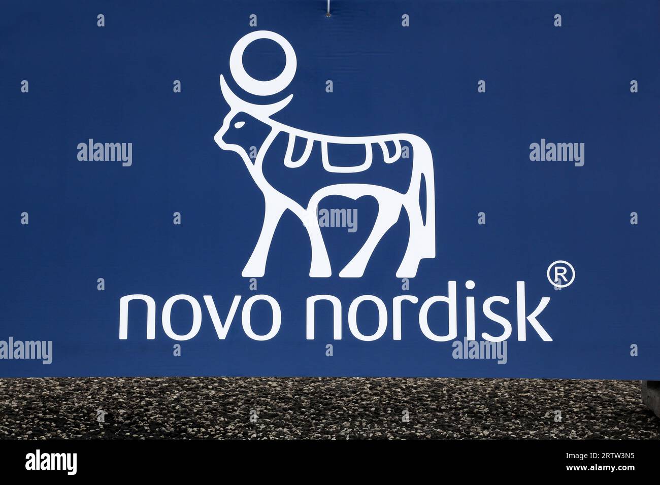 Novo Nordisk Logo auf einem Panel. Novo Nordisk ist ein dänisches multinationales Pharmaunternehmen mit Hauptsitz in Bagsvaerd, Dänemark Stockfoto