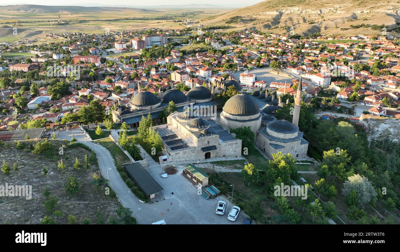 Ein Foto des Seyyid Battal Gazi Complex, aufgenommen mit einer Drohne. Seyitgazi, Eskisehir, Türkei. Stockfoto