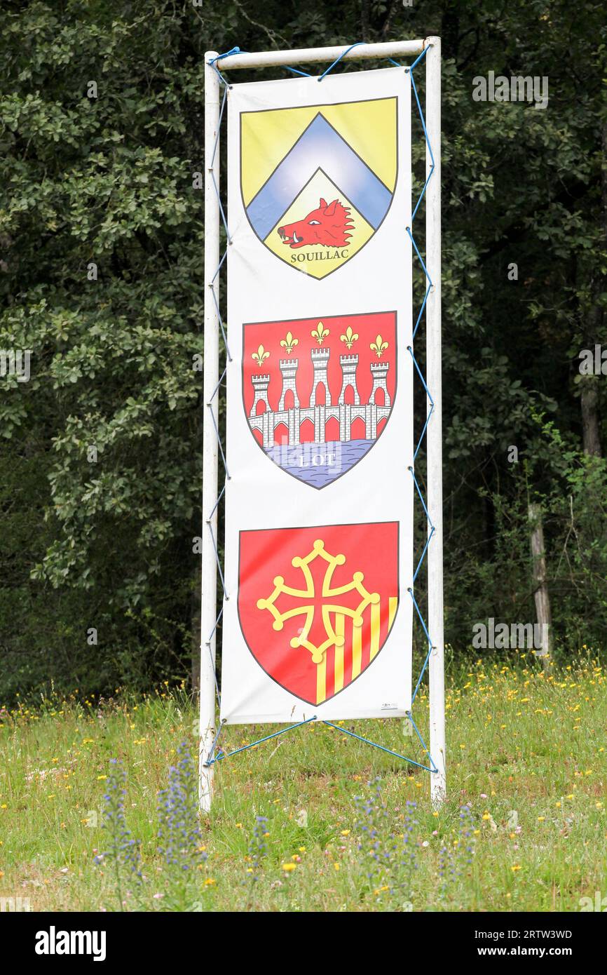 Wappen der Gemeinde Souillac und des Departements Lot in Frankreich Stockfoto