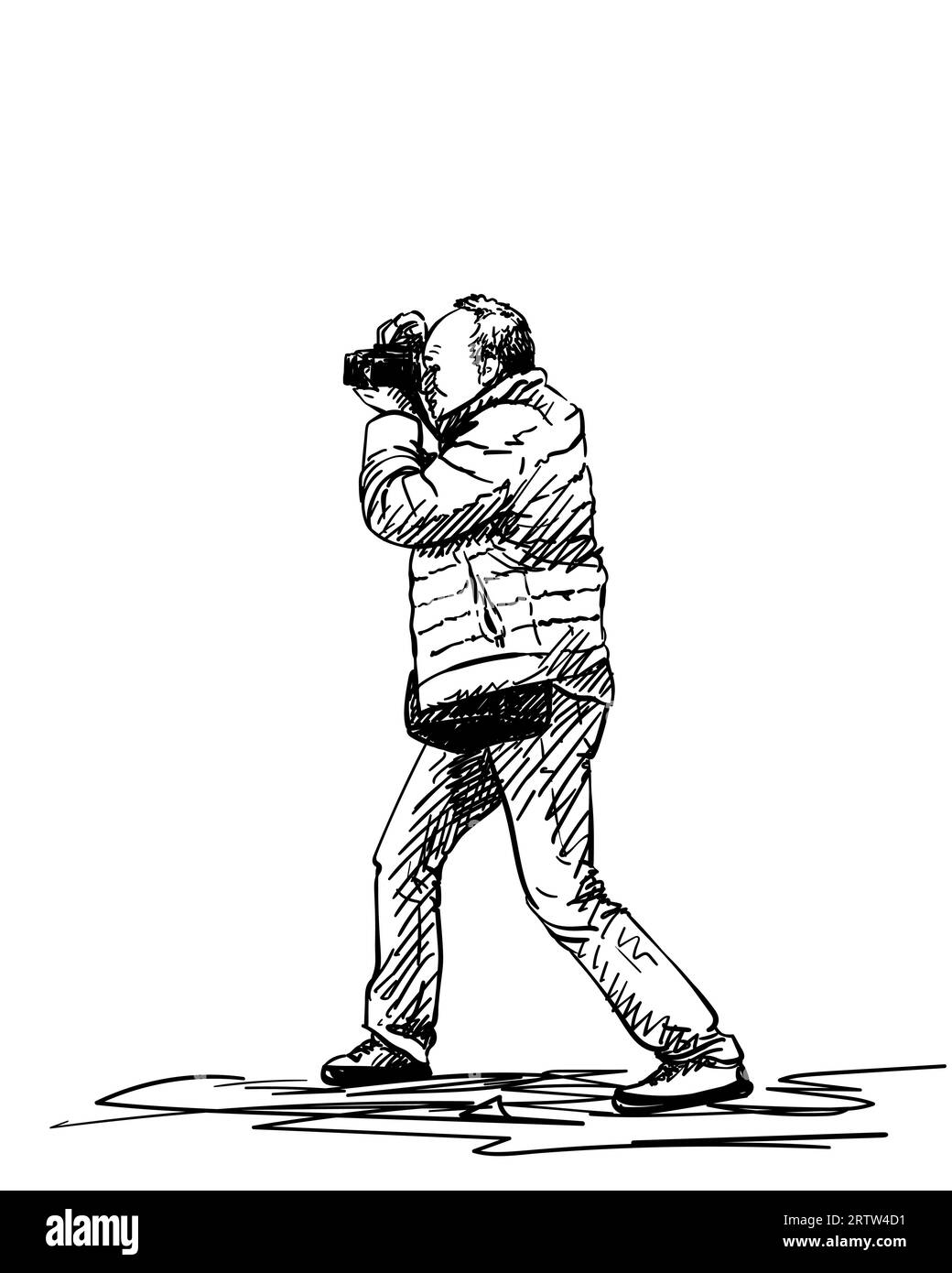Zeichnung des Mannes mit Fotokamera, Fotograf, der Foto macht, zweifarbige Skizze auf dunklem Hintergrund, handgezeichnete Vektorillustration Stock Vektor