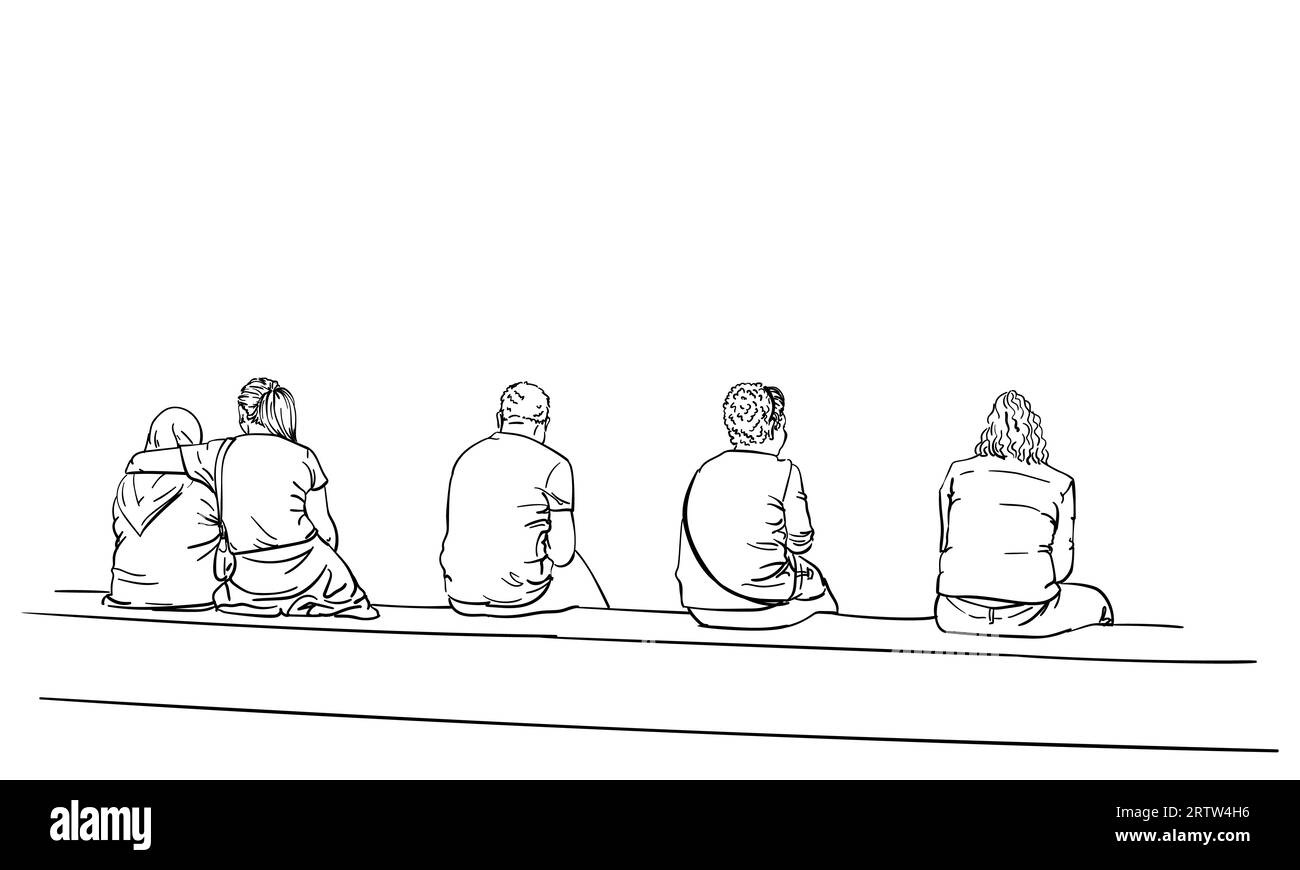 Nur wenige Personen sitzen auf der Bank in der Linienansicht von hinten, Vektor-Skizze Hand gezeichnete Linienzeichnung Stock Vektor