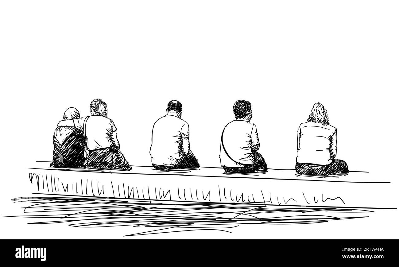 Gruppe von Personen, die auf einer Bank in Reihe sitzen, halten einen kleinen Abstand von einander, Ansicht von hinten, Vektor-Skizze, handgezeichnete Abbildung Stock Vektor