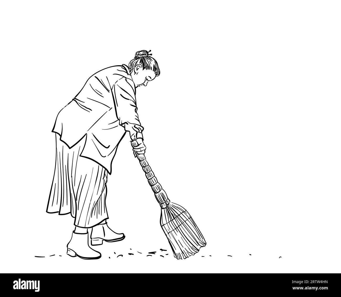 Zeichnung einer alten Frau in Übergröße, die den Boden mit Besen fegt, Vektor-Skizze, handgezeichnete Strichzeichnungen Stock Vektor