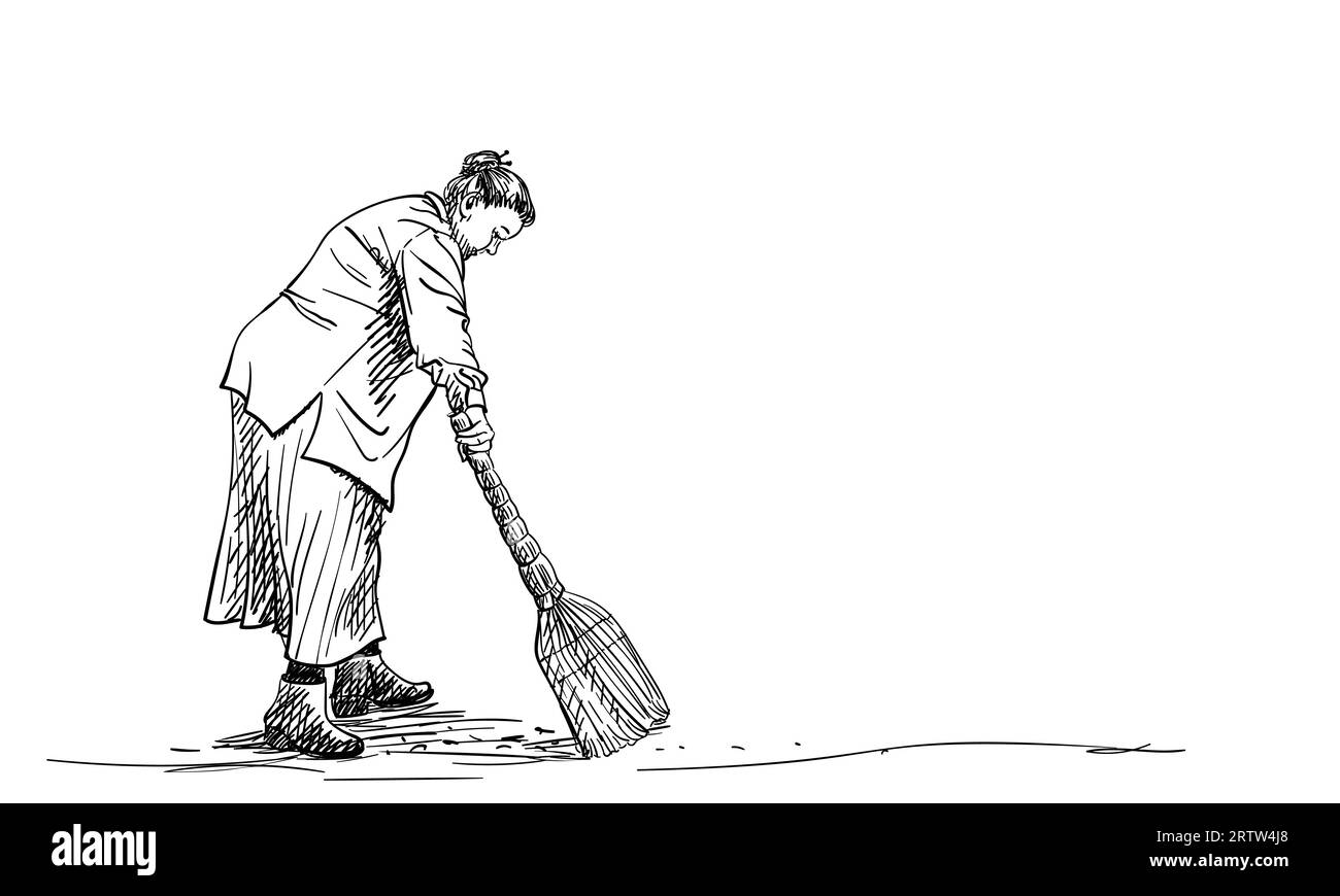 Zeichnung einer alten Frau in Übergröße, die den Boden mit Besen fegt, Vektor-Skizze, handgezeichnete Illustration Stock Vektor