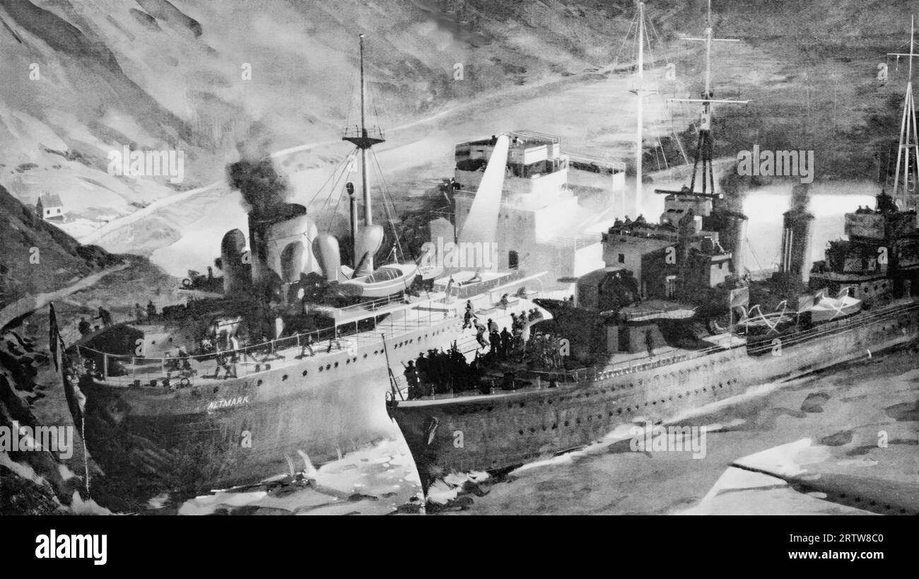 Eine Illustration von Edgar Thurston über den Altmark-Vorfall zwischen dem britischen Zerstörer „Cossack“ und dem deutschen Tanker „Altmark“, einem Versorgungsschiff für die Graf Spee. Sie fand vom 16. Bis 17. Februar 1940 in neutralen norwegischen Gewässern statt. An Bord der Altmark befanden sich etwa 300 alliierte Gefangene, deren Schiffe vom Taschenschiff Graf Spee im Südatlantik versenkt worden waren. Als die Altmark auf Grund lief, gingen britische Seeleute an Bord und nach einigen Hand-an-Hand-Kämpfen überwältigten die Besatzung des Schiffes und brachten die freigelassenen Gefangenen zurück nach Blighy. Stockfoto