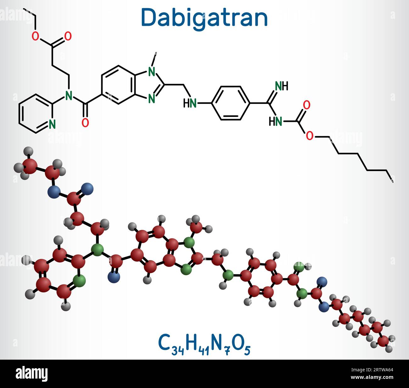 Dabigatran-Molekül. Es ist ein gerinnungshemmendes Medikament. Strukturelle chemische Formel und Molekülmodell. Stock Vektor