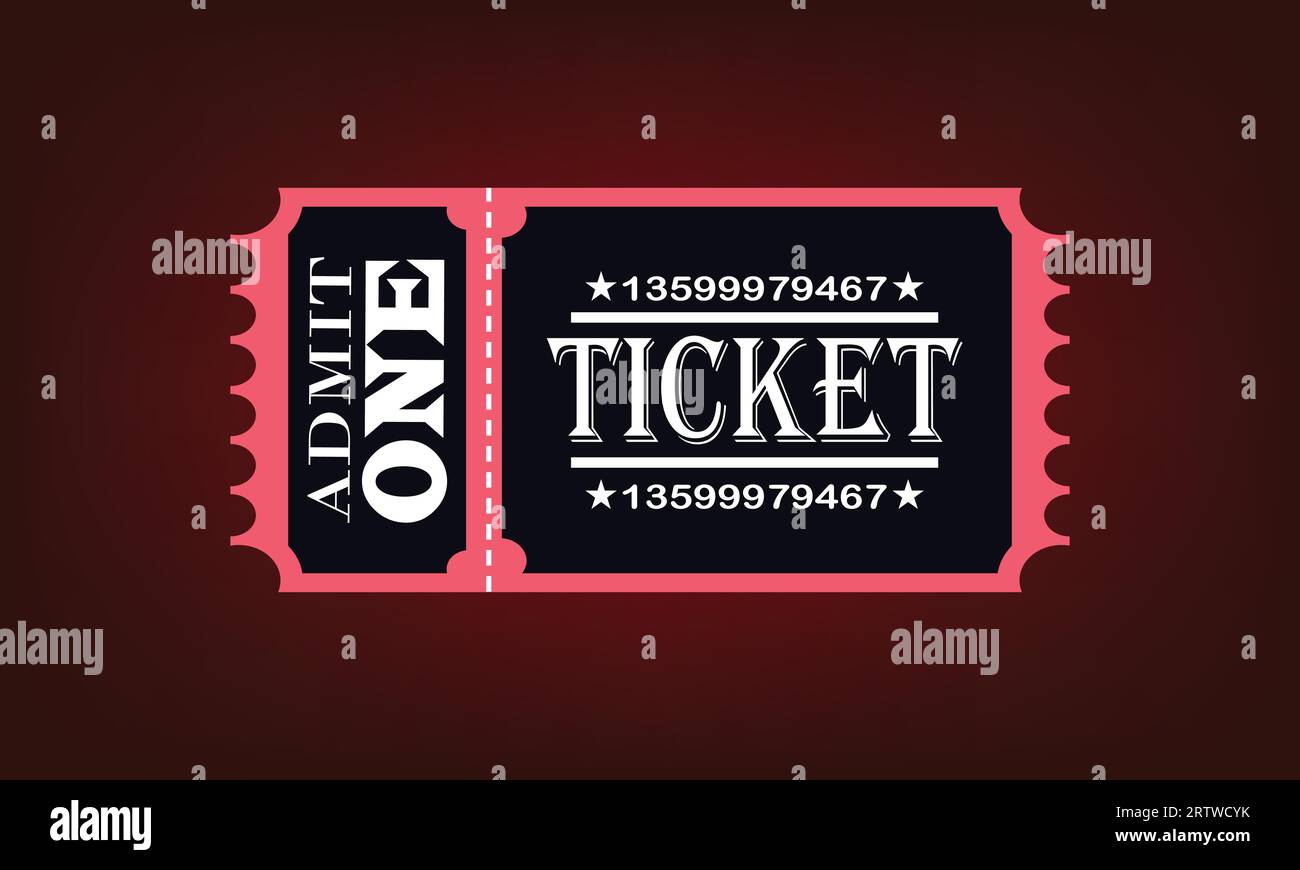 Nehmen Sie ein Ticket auf dunkelrotem Hintergrund auf. Vektorillustration. Gut für Kino, Theater, Konzert, Performance, Party, Veranstaltung, Festival. Stock Vektor