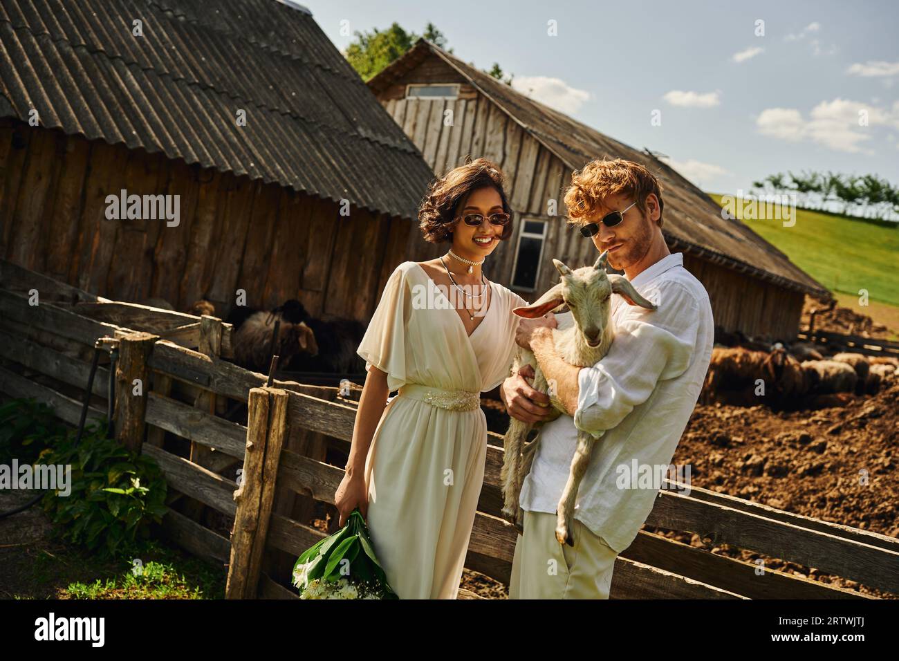 Lächelndes multiethnisches Paar im Hochzeitskleid und in der Sonnenbrille, süße Ziegenbabys auf dem Land Stockfoto