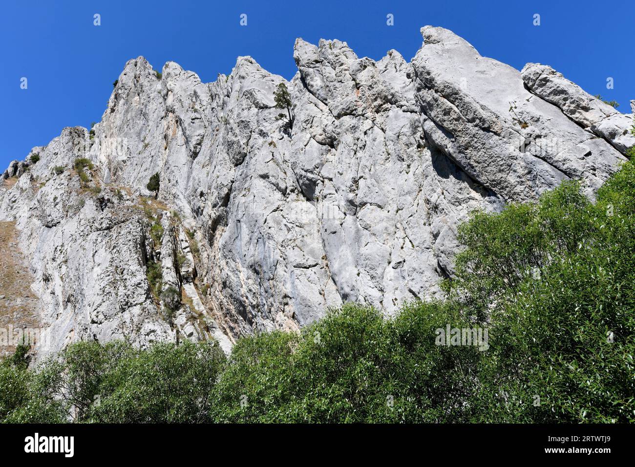 Falten mit vertikalen Schichten im Mampodre Mountain Range. Lois, Crémenes, León, Spanien. Stockfoto