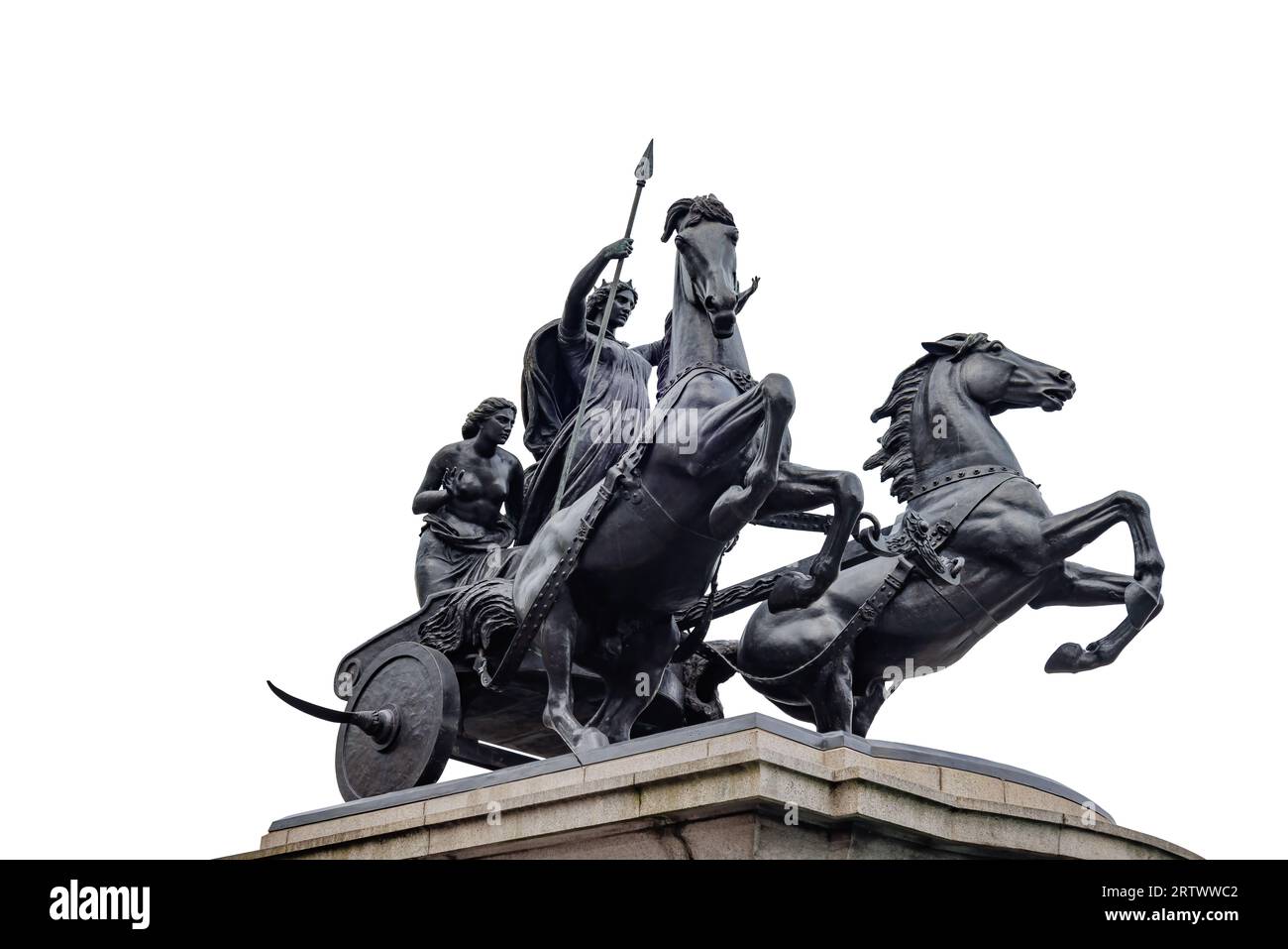 Boadicea und ihre Töchter, bronzene Skulpturengruppe in London an der Westminster Bridge, isoliert auf weißem Hintergrund Stockfoto