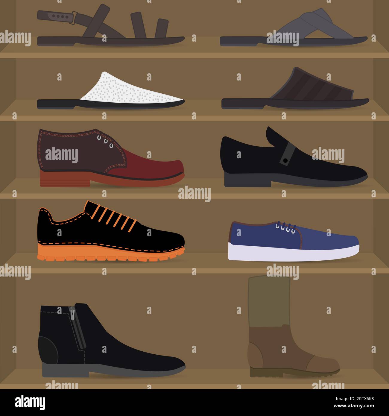 Herrenschuhe in den Regalen. Seitenansicht. Set mit verschiedenen Arten von Herrenschuhen. Kollektion von Herrenschuhen für Herbst, Winter, Frühling und Sommer. Stock Vektor