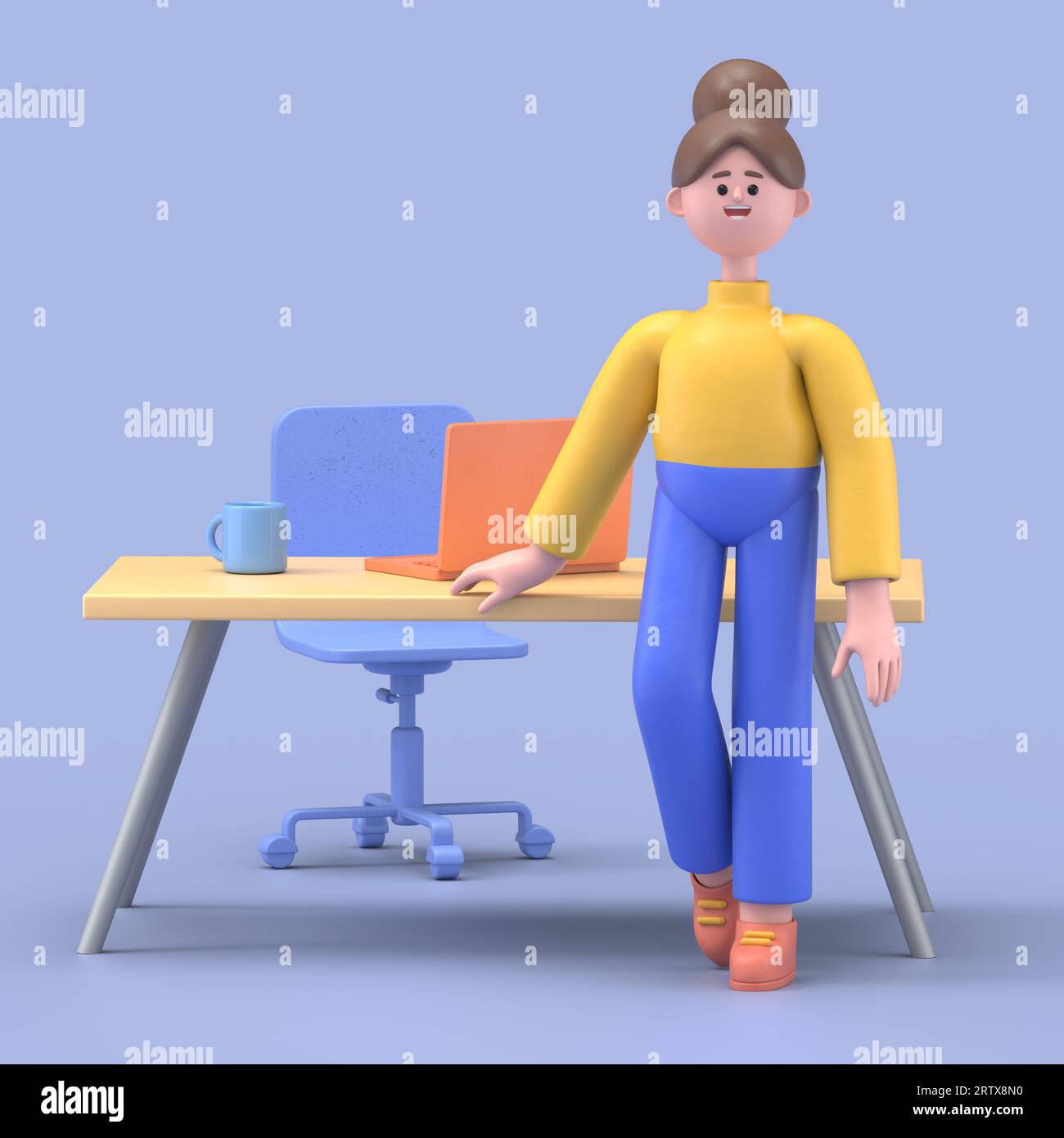 3D-Darstellung des Geschäftskonzepts von Zeichentrickfiguren. Die Menschen sitzen in verschiedenen Positionen, halten Werkzeuge und machen Bewegungen. Karrierematerial.3D-Rendering Stockfoto