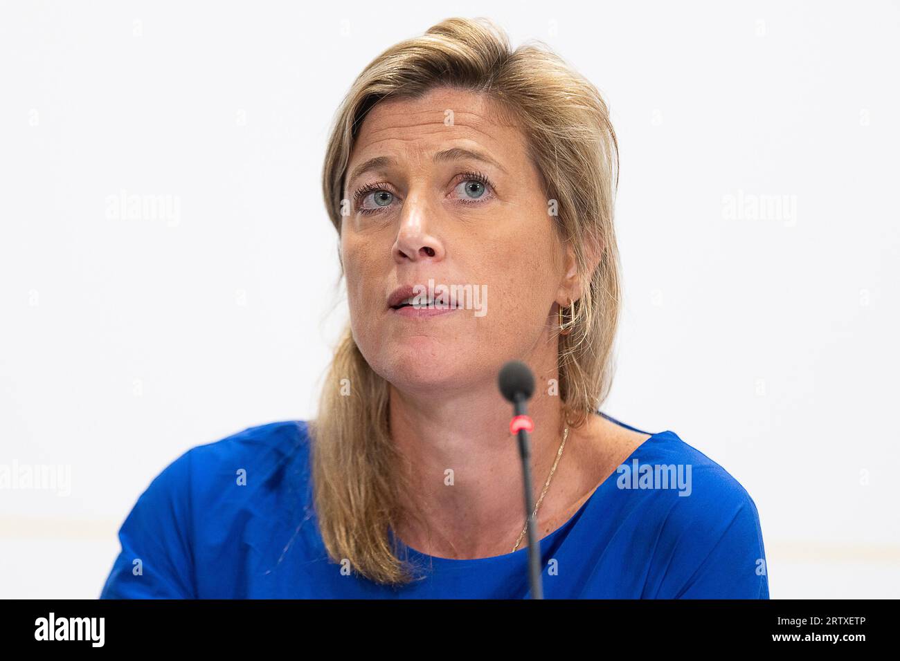 Brüssel, Belgien. September 2023. Innenministerin Annelies Verlinden auf einer Pressekonferenz im Anschluss an die ministerratstagung der Bundesregierung am Freitag, den 15. September 2023, in Brüssel. BELGA FOTO JAMES ARTHUR GEKIERE Credit: Belga News Agency/Alamy Live News Stockfoto