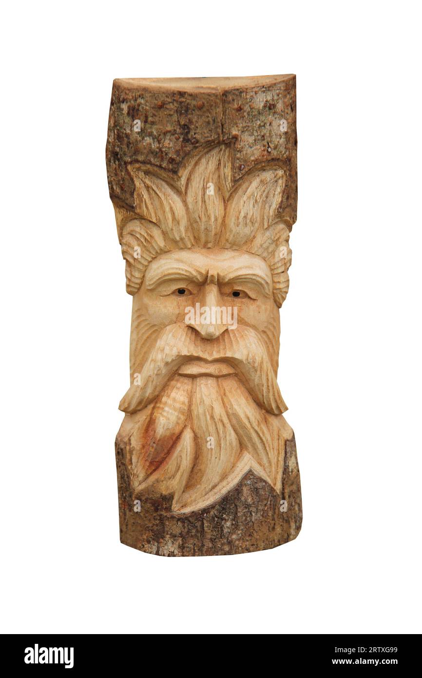 Ein handwerklich geschnitzter Holzkopf eines alten Mannes. Stockfoto