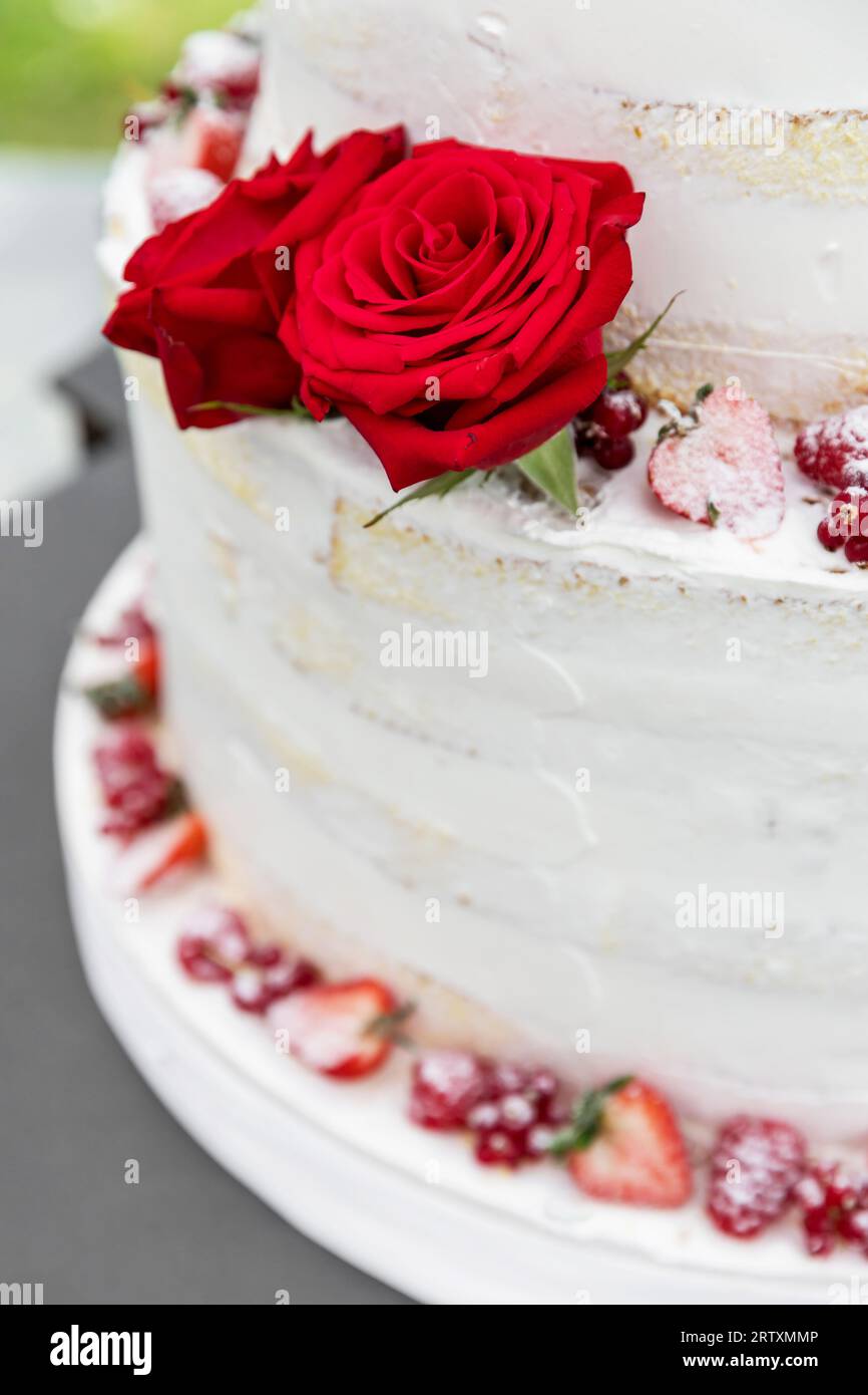 Weiße Hochzeitstorte mit echten Rosen dekorative Rosen Stockfoto