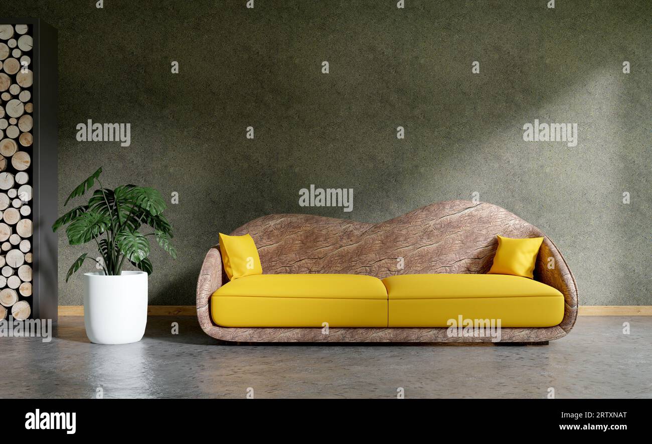 Wohnzimmer mit Holzsofa, 3D-Illustration Stockfoto