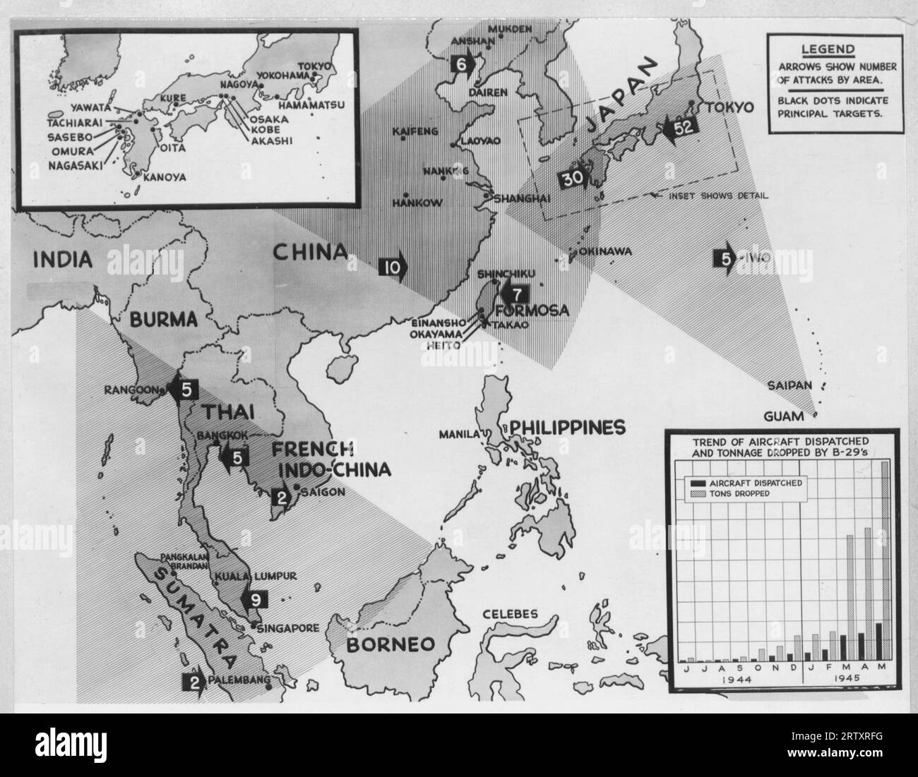 Chart - Trend der von B-29 im Pacific Theater im Zweiten Weltkrieg versendeten Flugzeuge und der Tonnage Stockfoto