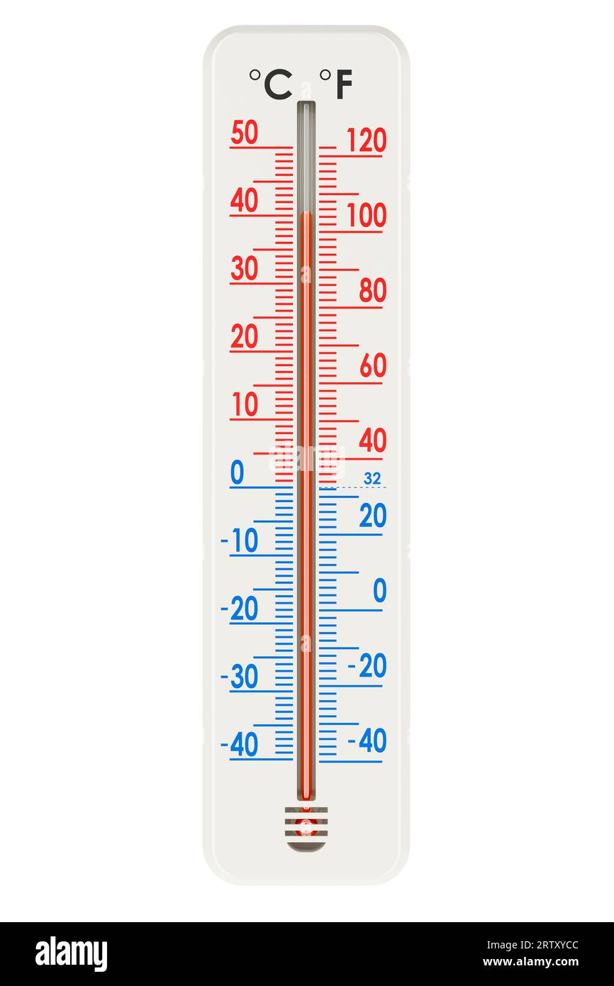 Vertikales Außenthermometer, Meteorologisches Alkoholthermometer. 3D-Rendering isoliert auf weißem Hintergrund Stockfoto