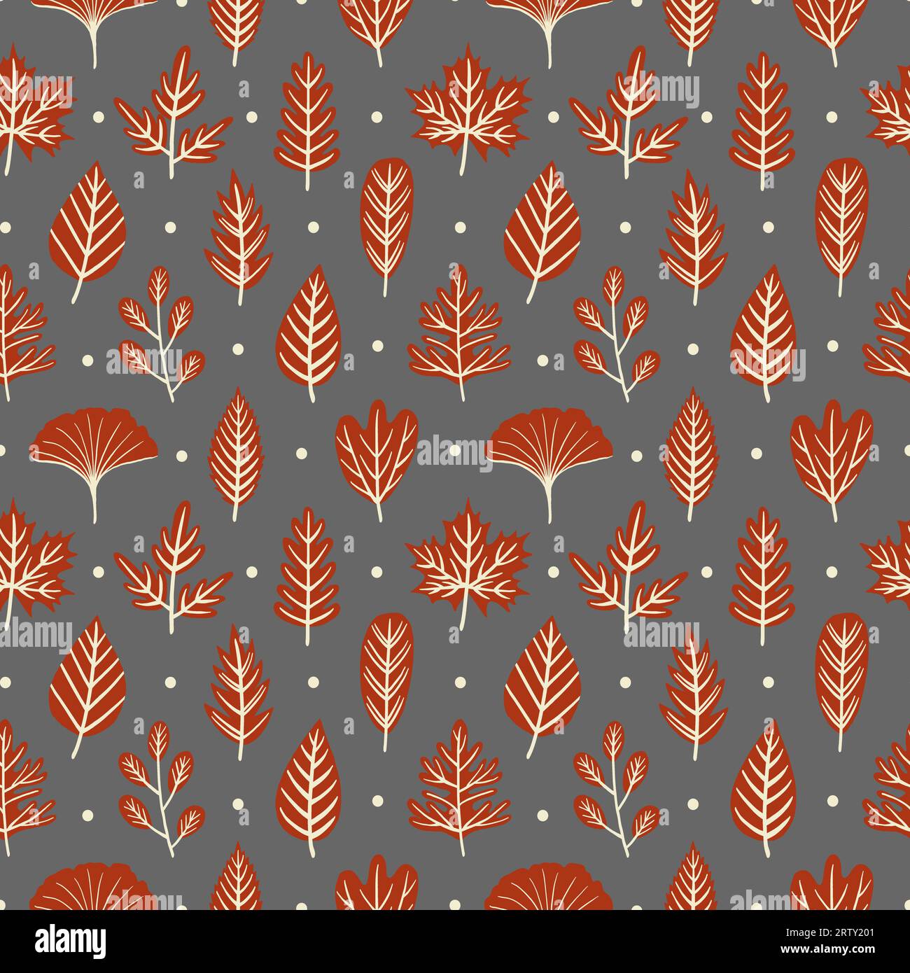 Ziegelrotes Herbstlaub auf grauem nahtlosem Musterdesign Stockfoto