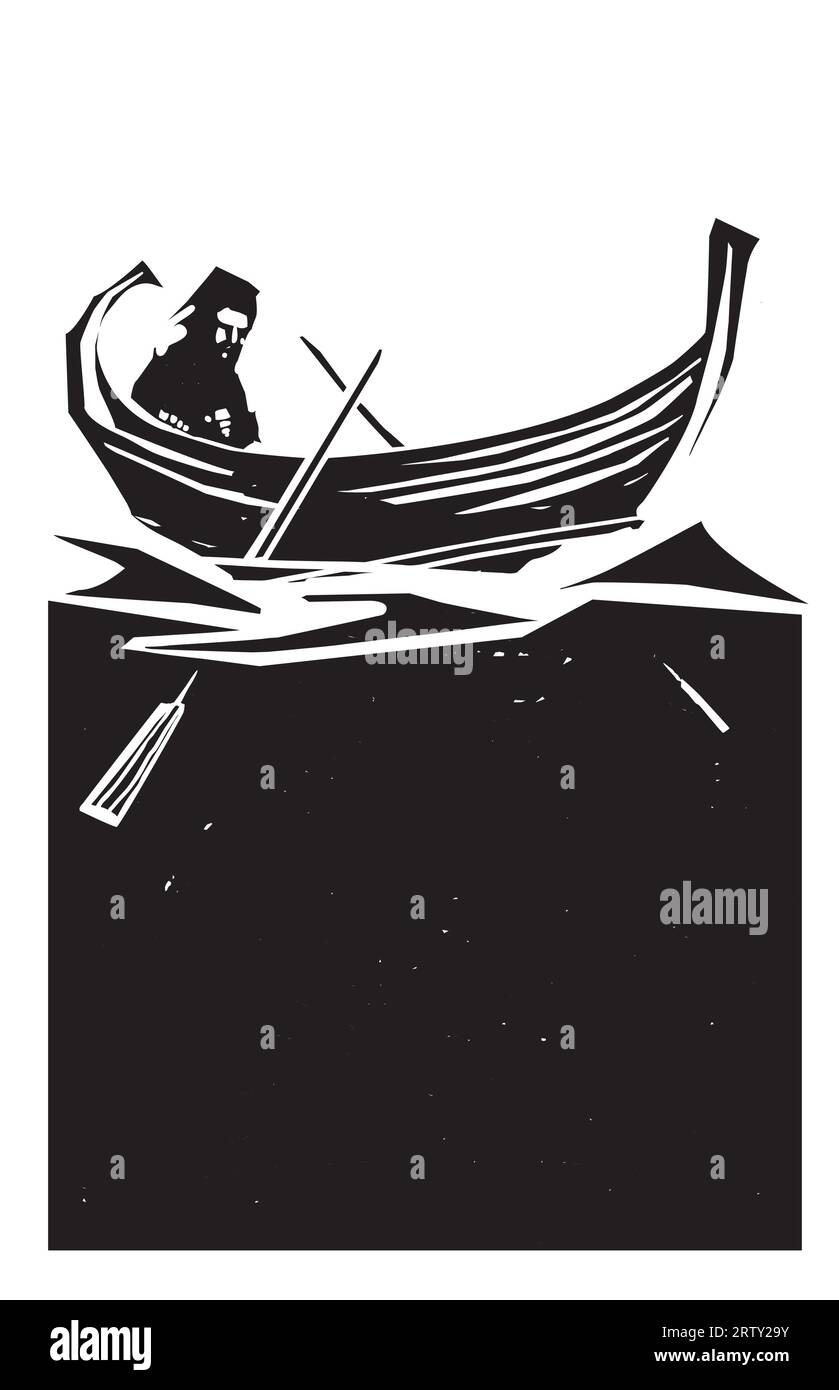 Expressionistisches Bild eines Mannes im Ruderboot über schwarzem Wasser Stock Vektor
