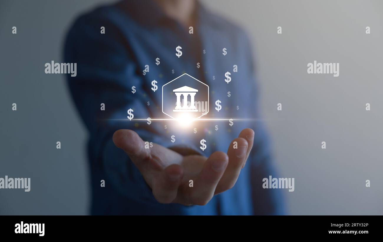 Business-Netzwerk und Verbindungskonzept, Geschäftsmann mit globalem Business-Symbol für Technologie, Daten für Unternehmen im weiteren. Stockfoto