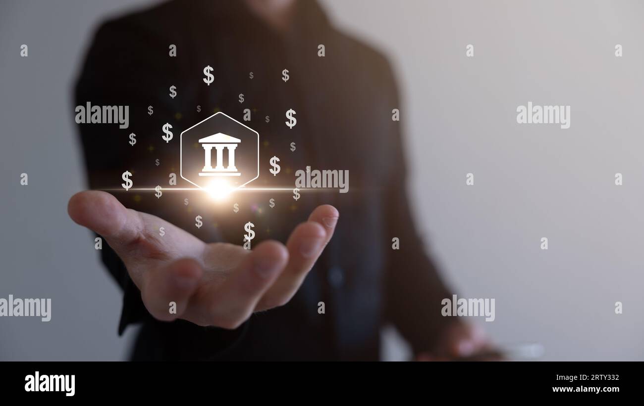 Business-Netzwerk und Verbindungskonzept, Geschäftsmann mit globalem Business-Symbol für Technologie, Daten für Unternehmen im weiteren. Stockfoto