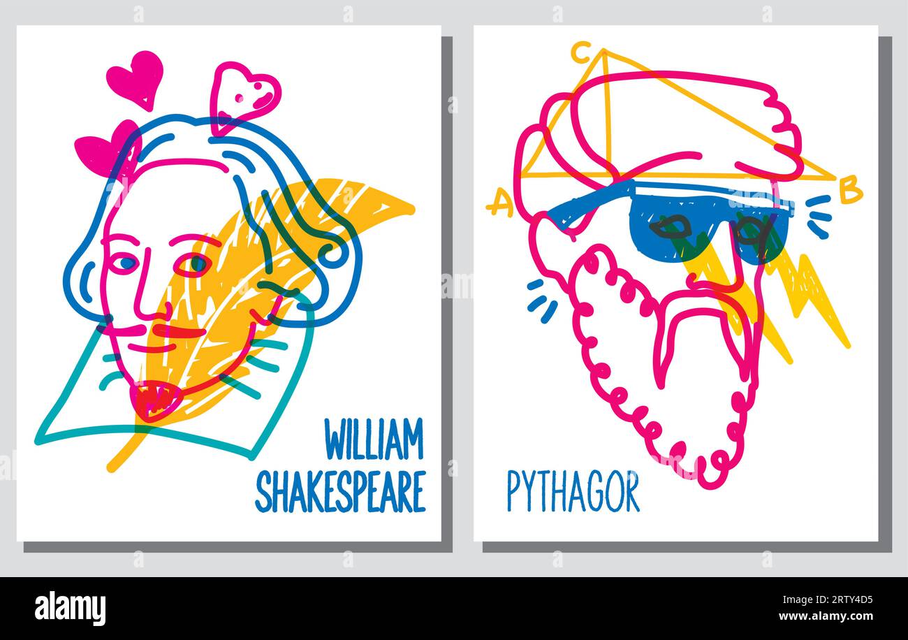 Vector Line Illustration des berühmten Dichters william Shakespeare und des antiken Wissenschaftlers Pythagoras Stock Vektor